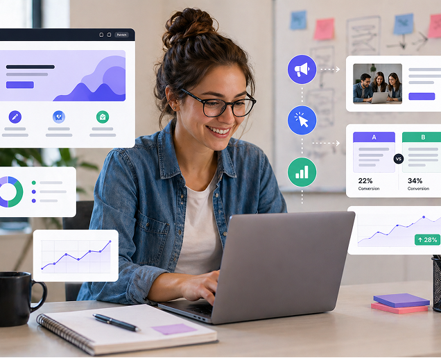 A woman in a yellow shirt presenting charts on a whiteboard to three seated colleagues in a bright office with brick walls.