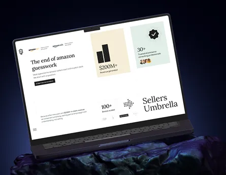 Laptop screen displaying Sellers Umbrella statistics: $200M+ revenue, 30+ trusted eCommerce professionals, and 100+ brands served.