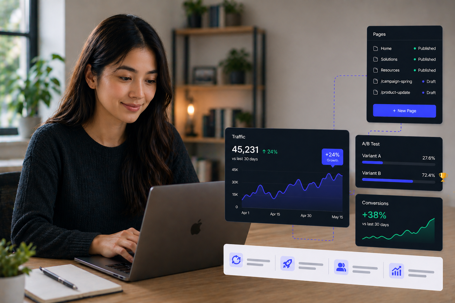 A woman in a yellow shirt presenting charts on a whiteboard to three seated colleagues in a bright office with brick walls.