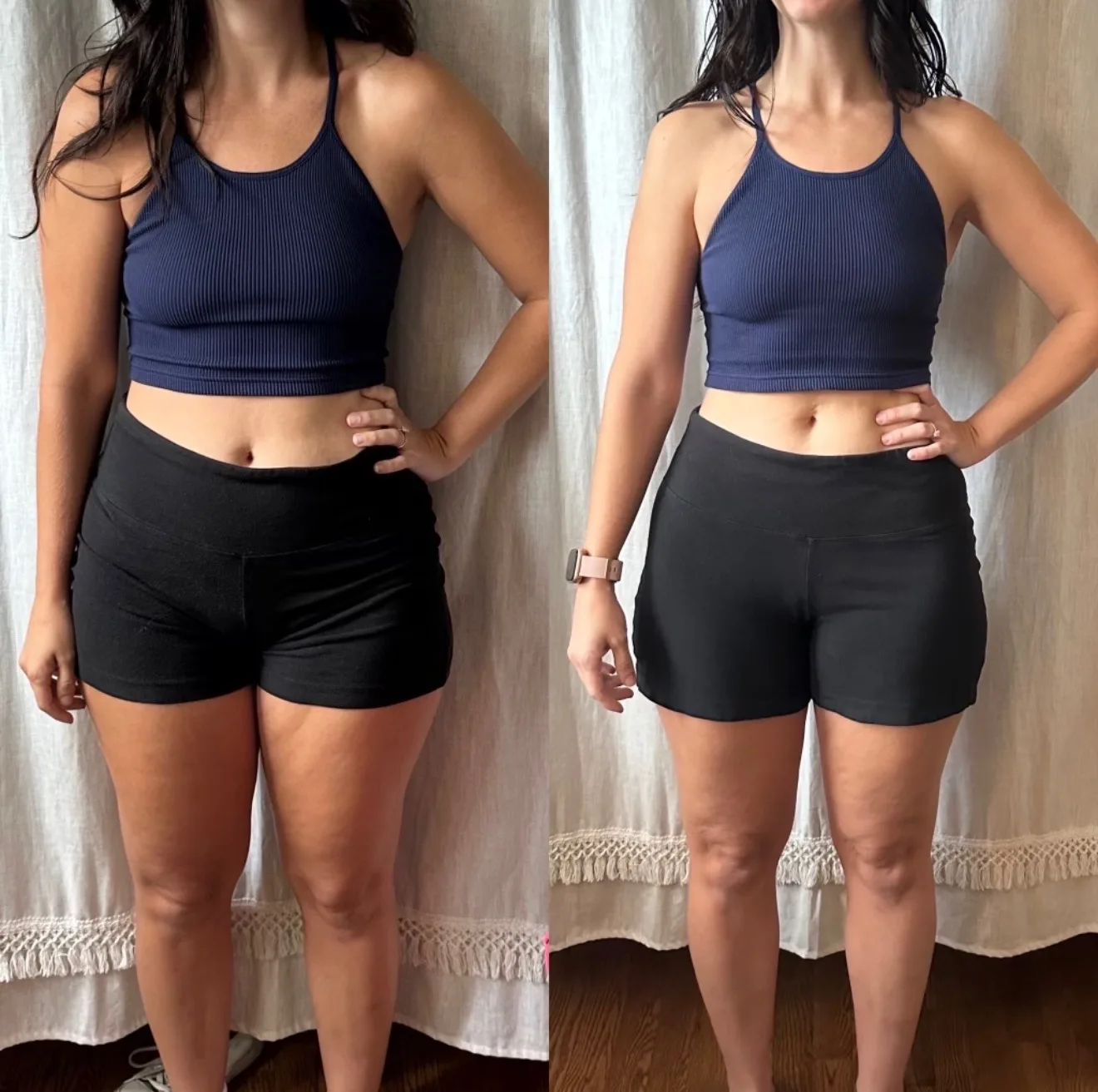 Before and after: Lift with Linds coaching client in a navy crop top showing a slimmer waist and leaner legs