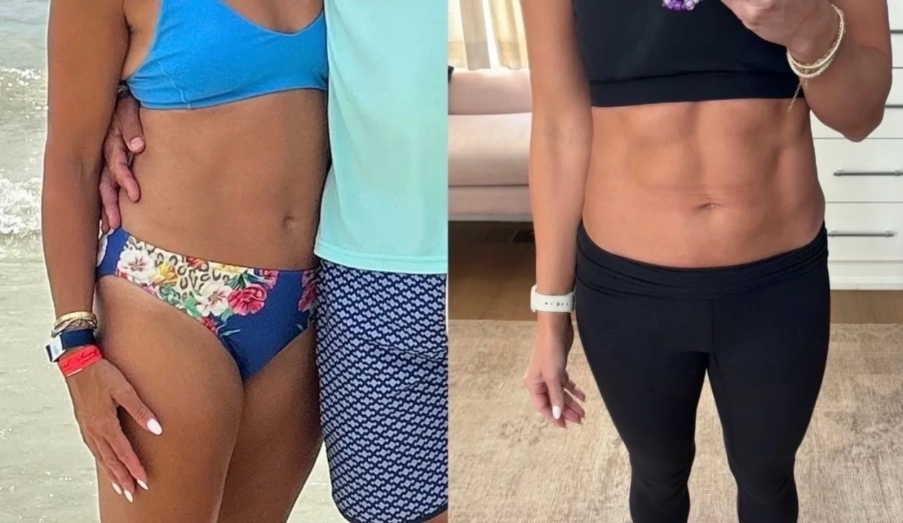 Before and after: Lift with Linds coaching client's midsection, from a soft stomach to visible abs