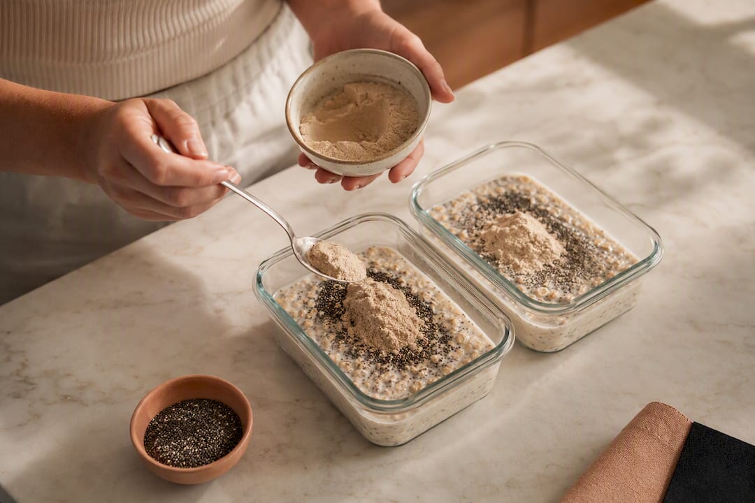 Hands portioning protein overnight oats