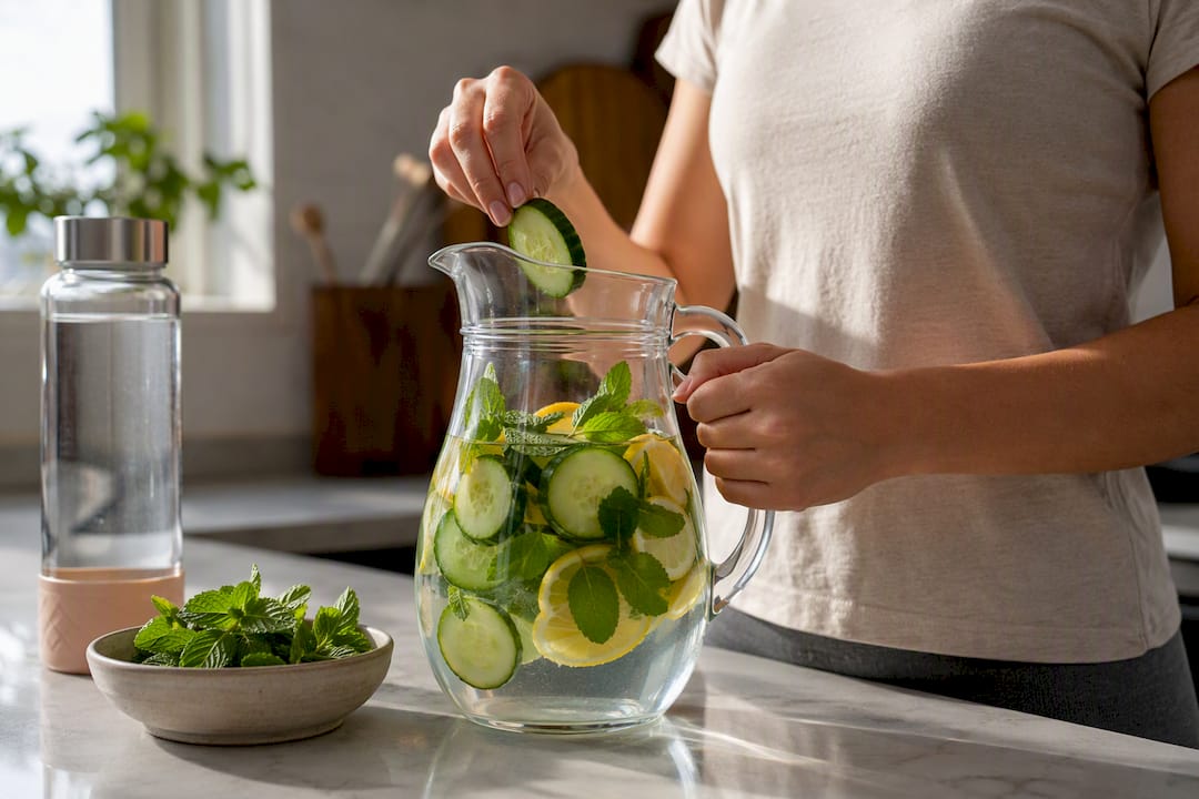 Cucumber mint water prepared in glass jug