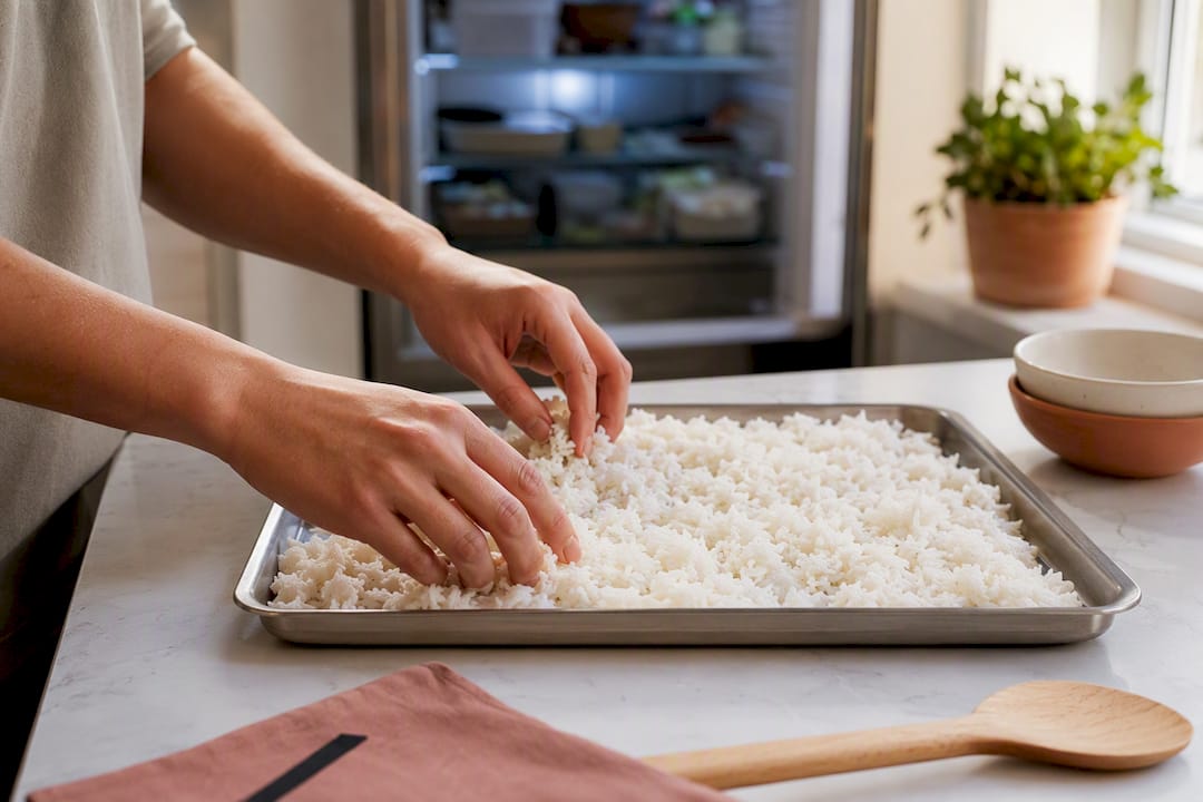 Cooked rice cooling on a shallow tray