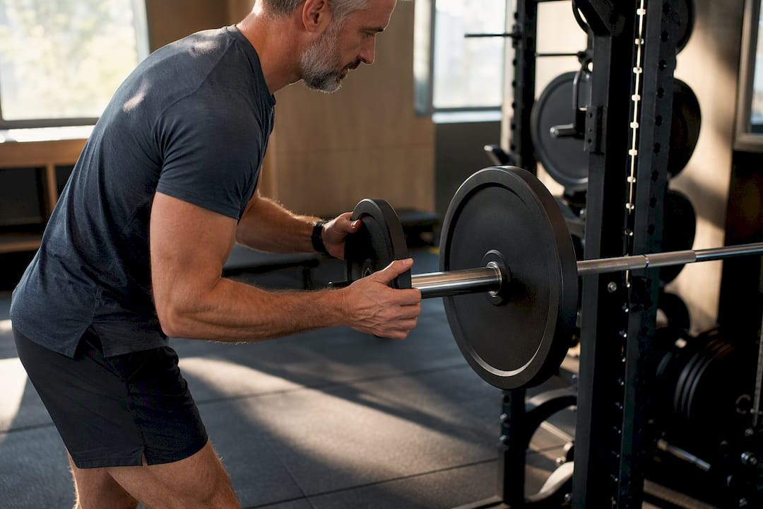 Adult adding weight during gym strength training