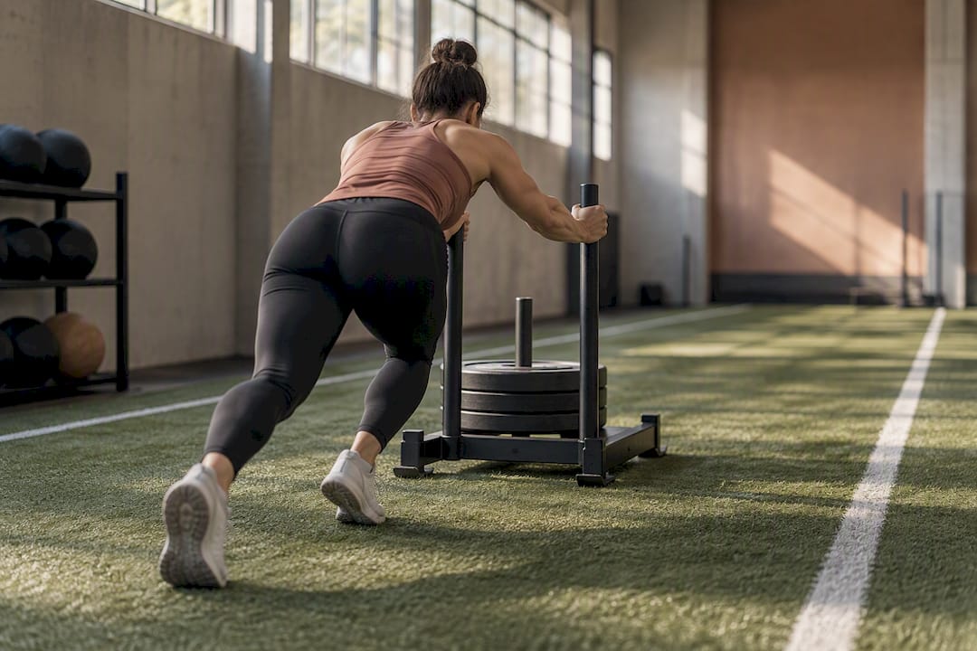 Adult trainee performing a sled push