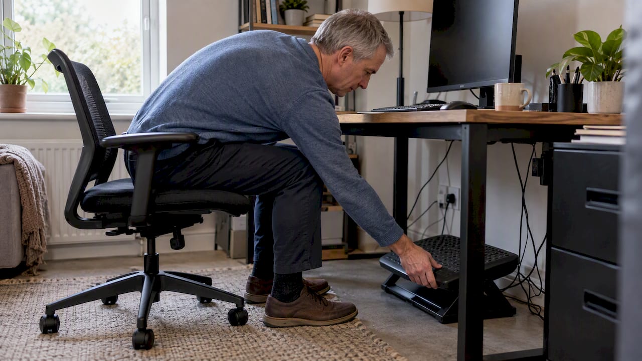 Worker adjusting footrest under desk