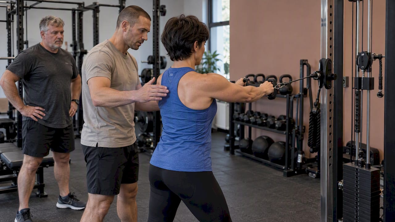 Coach cues a member during group strength training