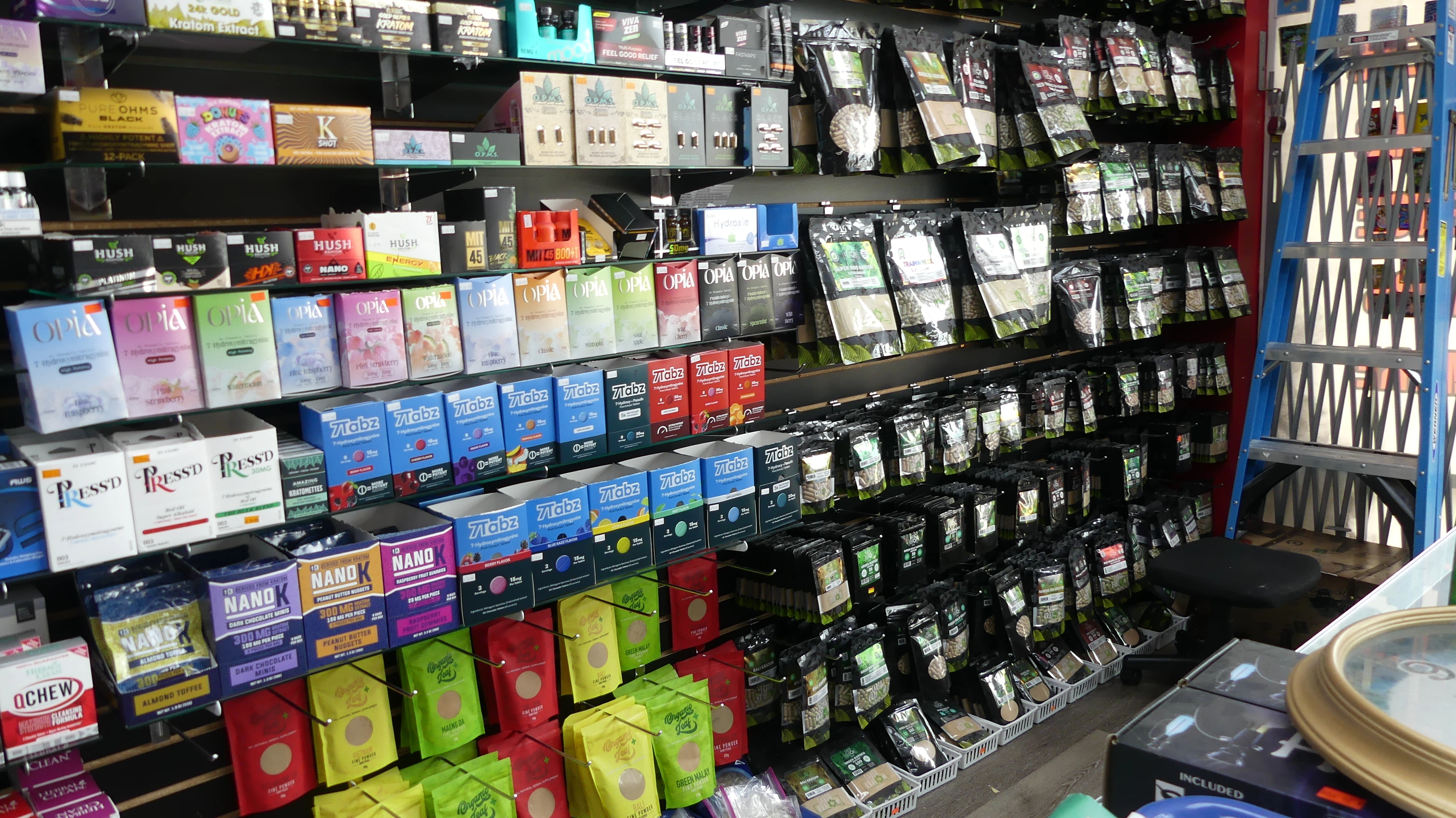 an image inside of the store, showing the selection of kratom shots and tablets