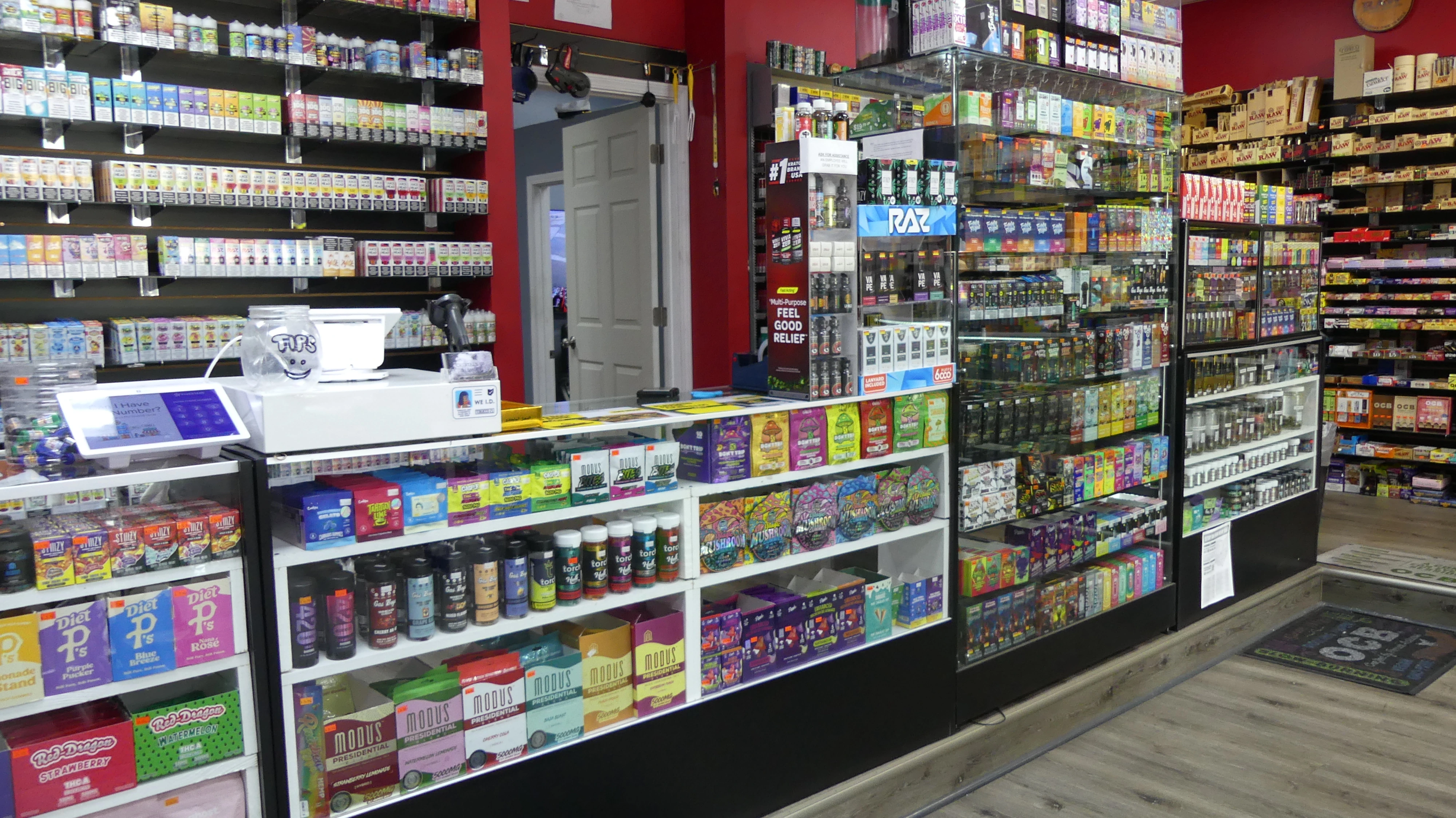 an image inside of the store, showing the selection of thc flower and vapes
