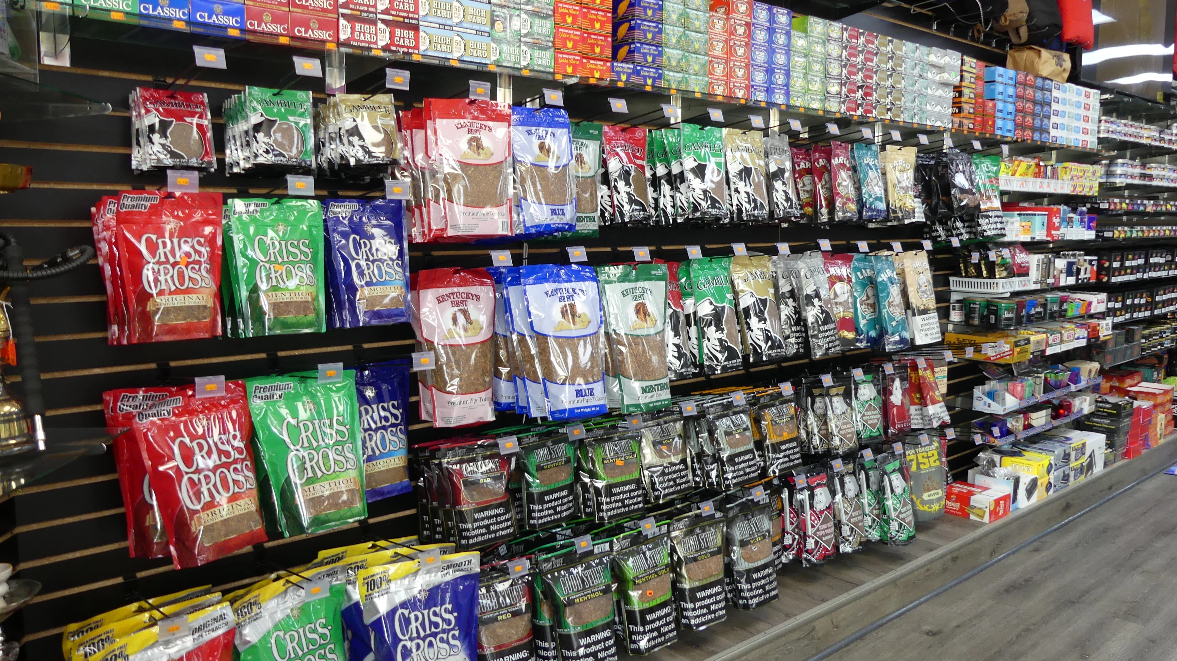 an image inside of the store, showing the selection of tobacco bags and tubes