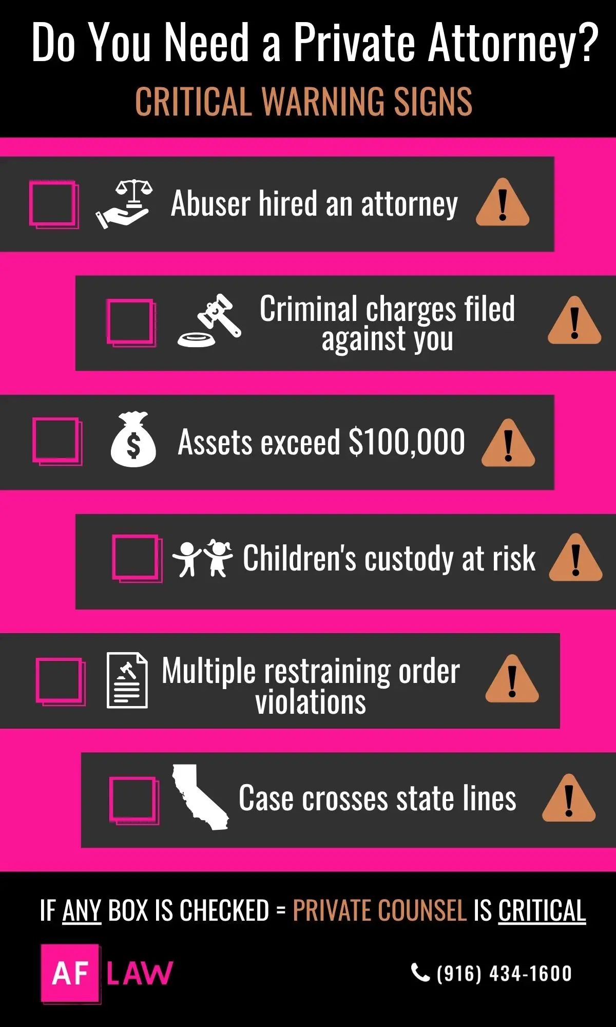 Infographic with checklist showing six warning signs that indicate need for private domestic violence attorney in Sacramento