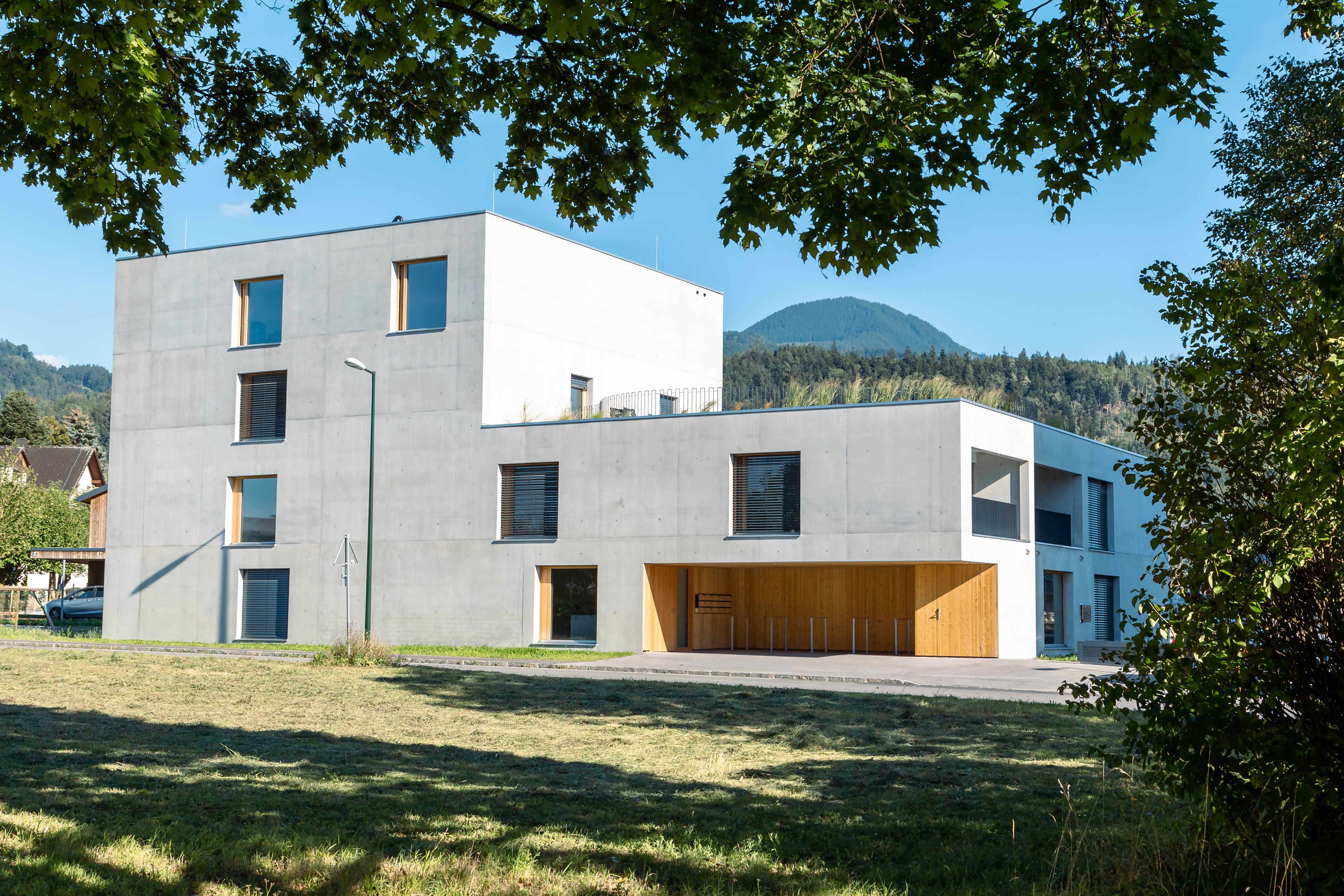 Modern white concrete building with rectangular windows and wooden accents, framed by trees and mountain view.