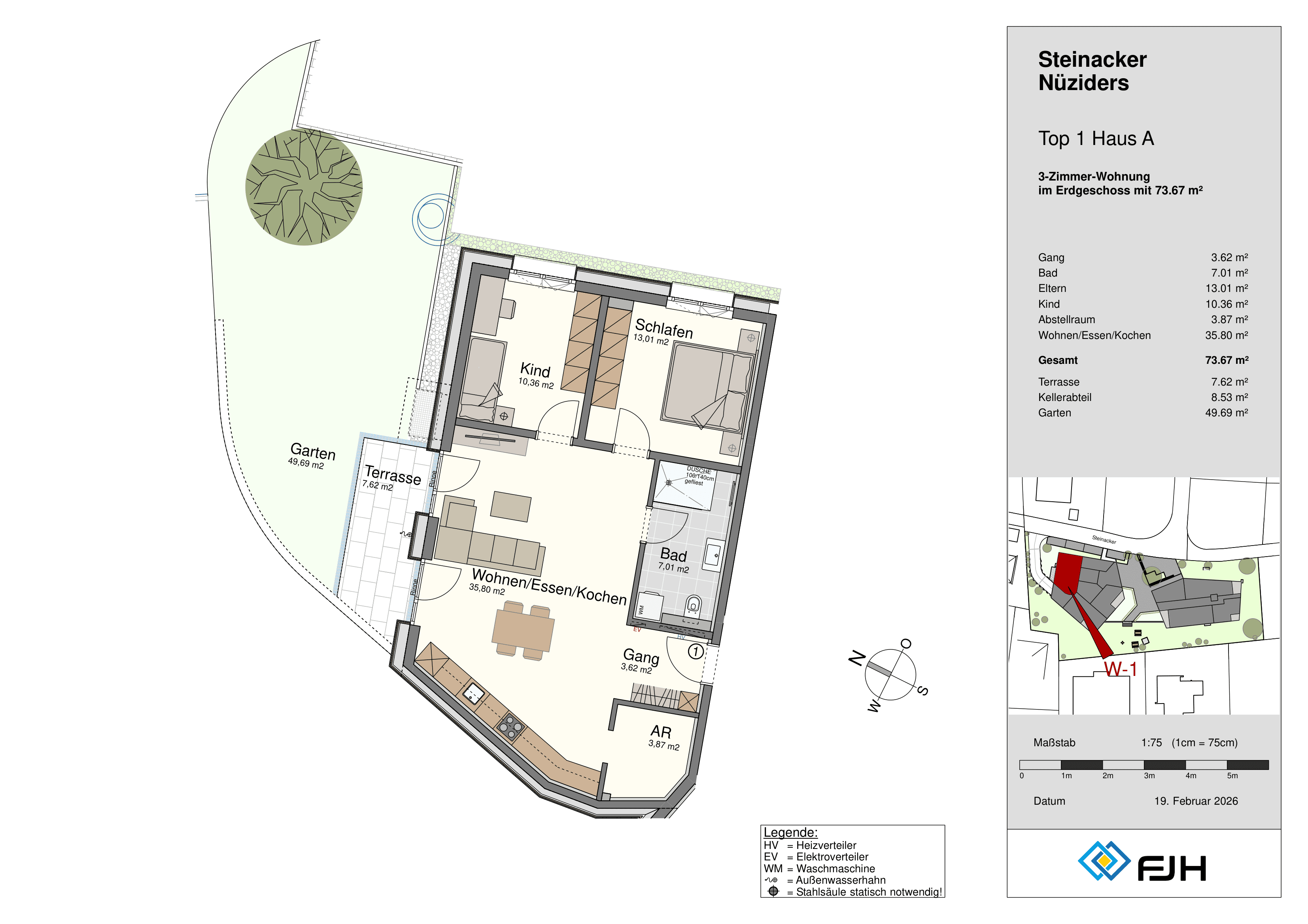 Floor plan of a 3-room apartment with garden, terrace, bathroom, kitchen, living and sleeping areas.
