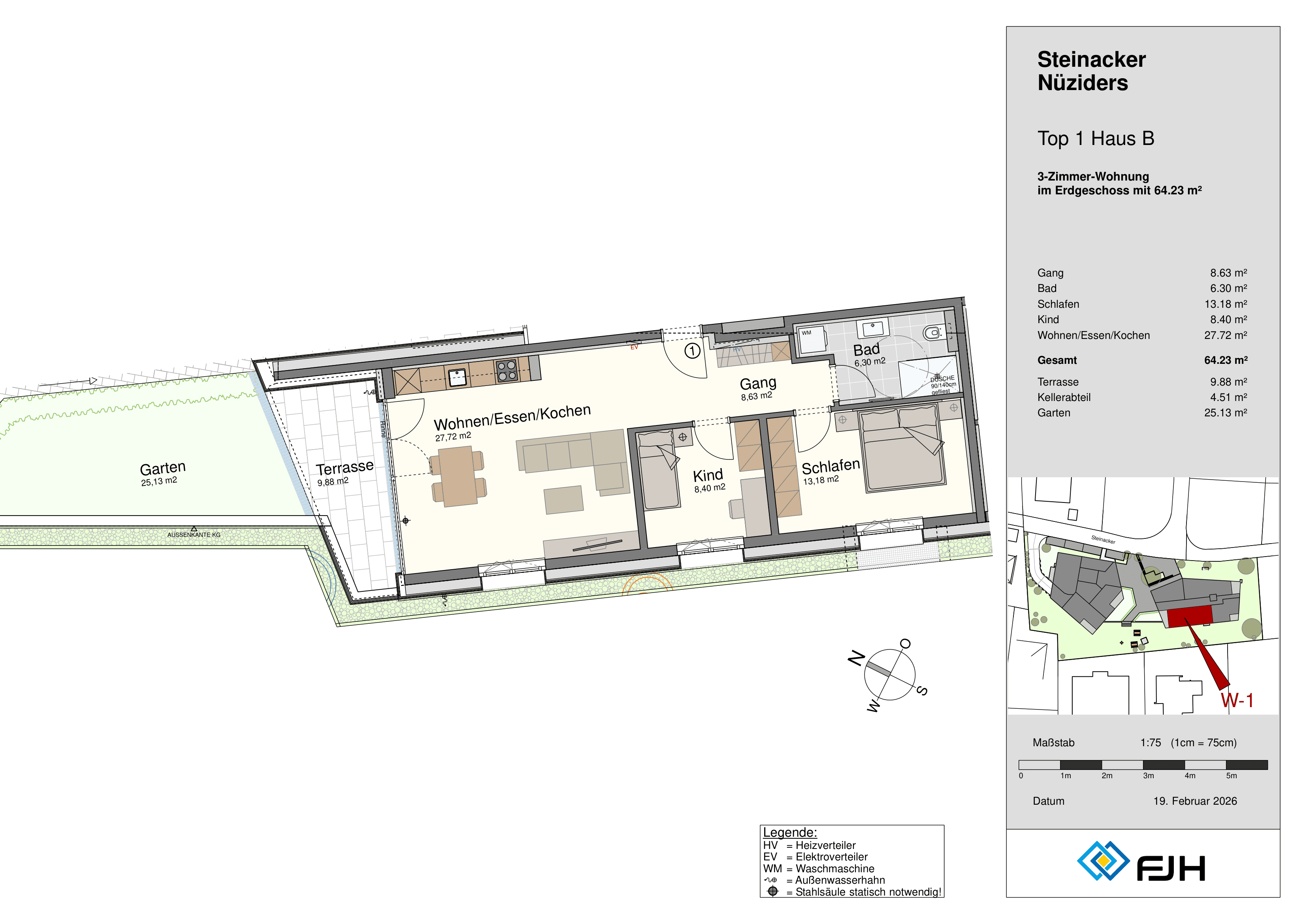 Floor plan of a three-room apartment with garden, terrace, living/kitchen, bathroom, child and bedroom.