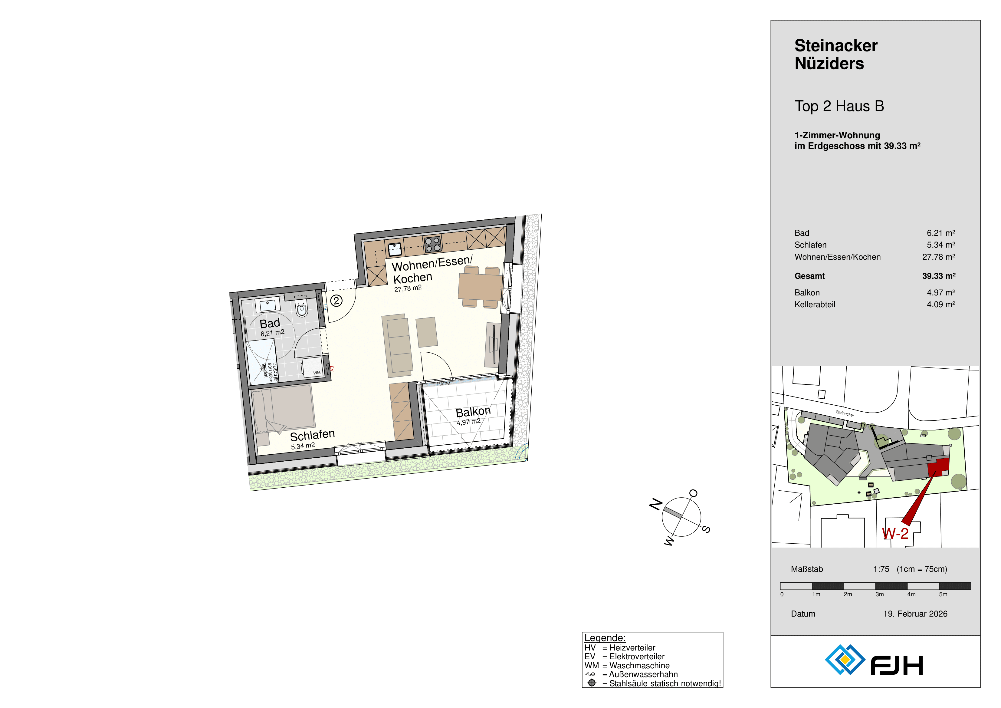 Floor plan of one-bedroom apartment with living area, bathroom, sleeping area, and balcony at Steinacker Nüziders.