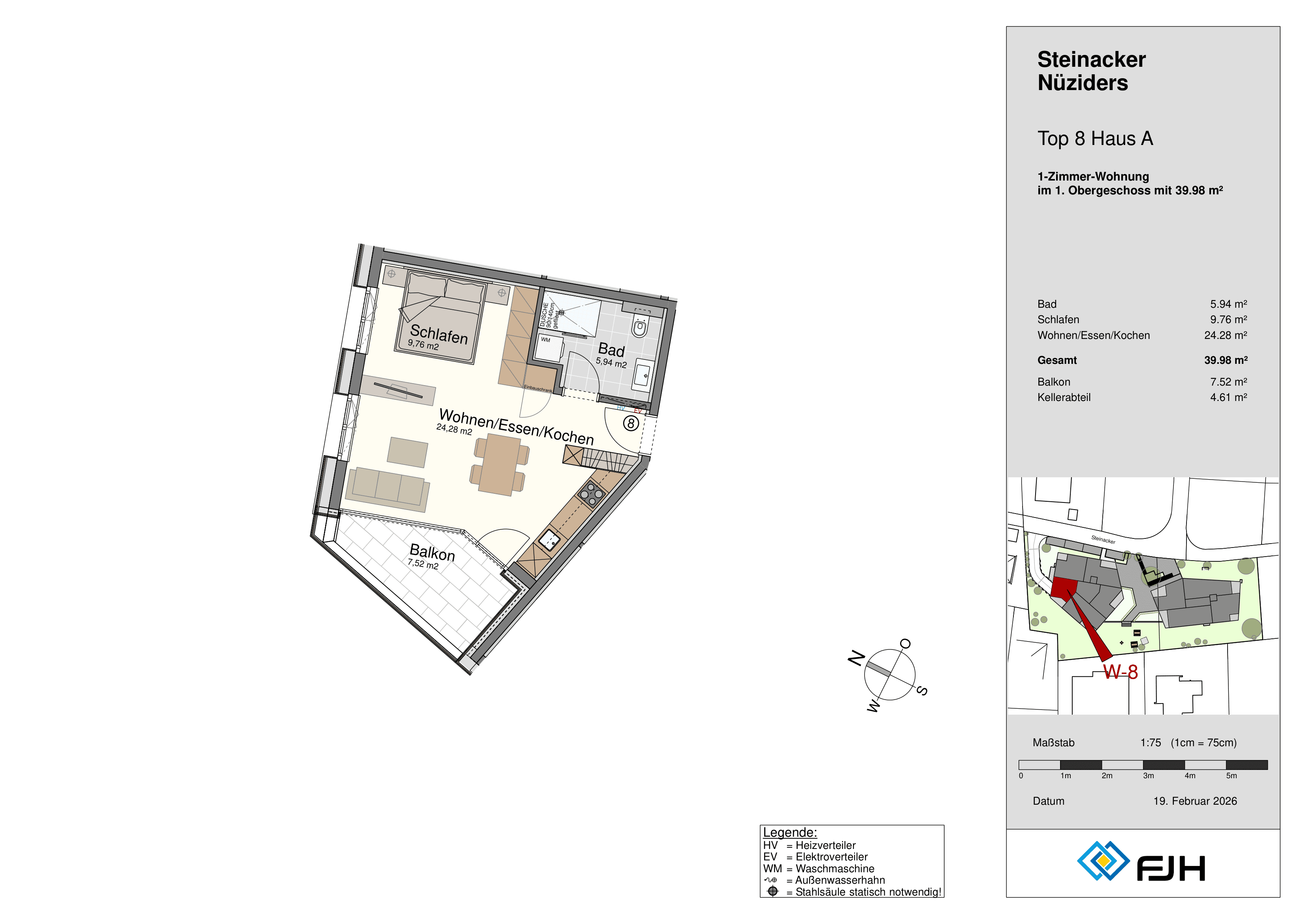 Floor plan of 1-bedroom apartment with living, kitchen, balcony, and bath in Steinacker Nüziders.