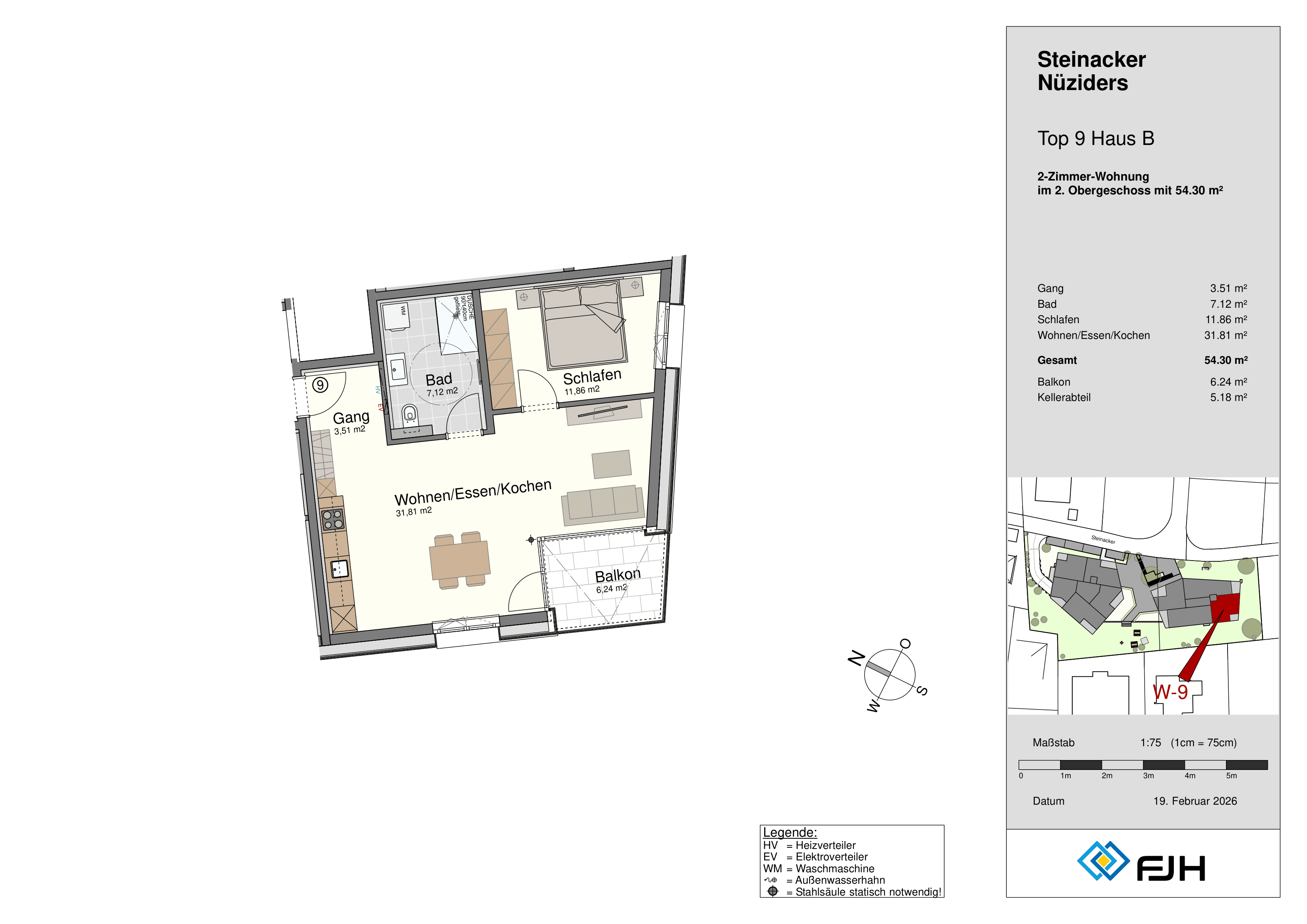 Floor plan of 2-room apartment with bedroom, bathroom, balcony, and living/kitchen/dining area.