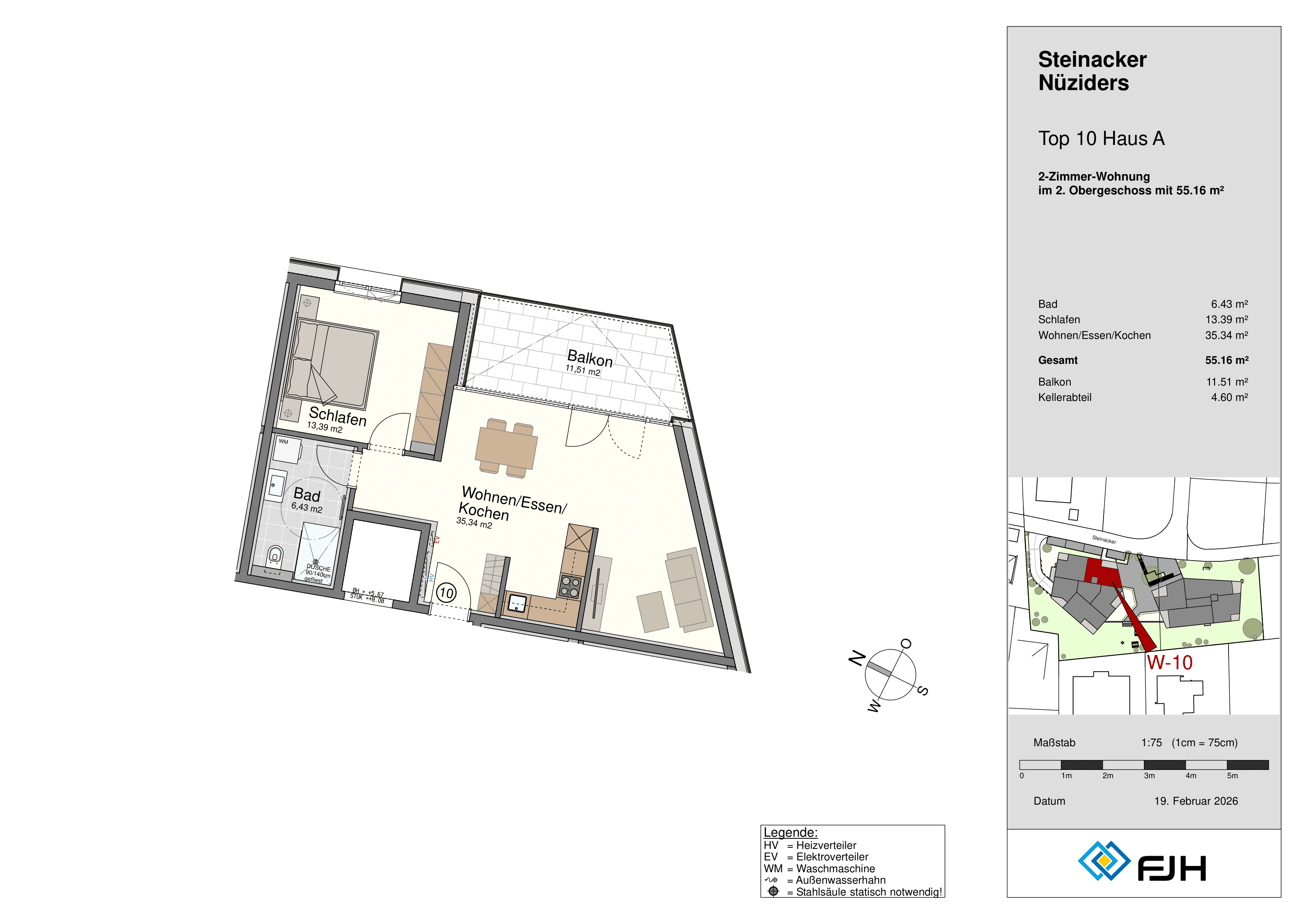 Floor plan of a 2-room apartment with bedroom, bathroom, living/kitchen area, and balcony, 55.16 m² total.