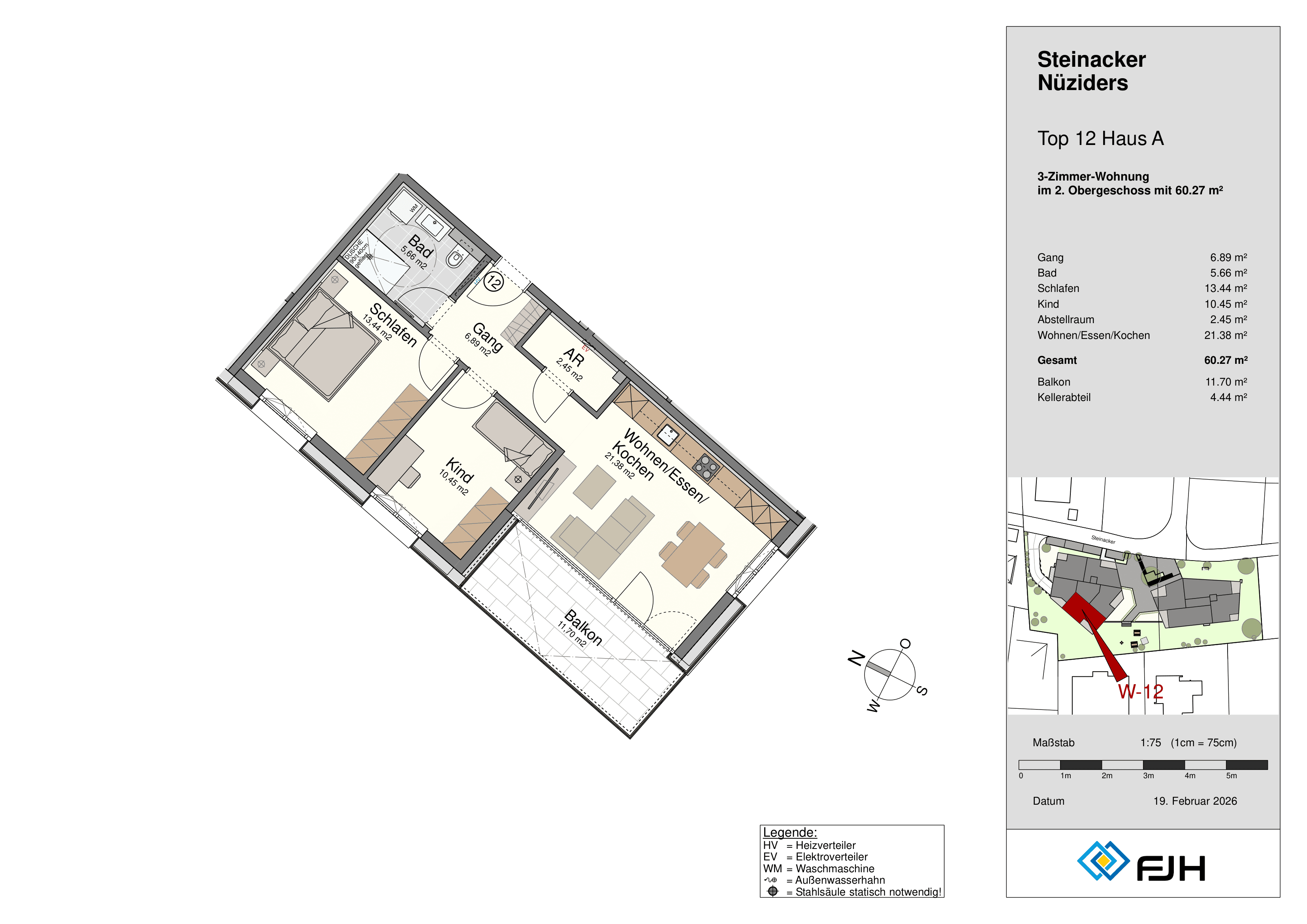 Floor plan of a 3-room apartment showing bedroom, child's room, bathroom, hallway, storage, living/kitchen area, and balcony.