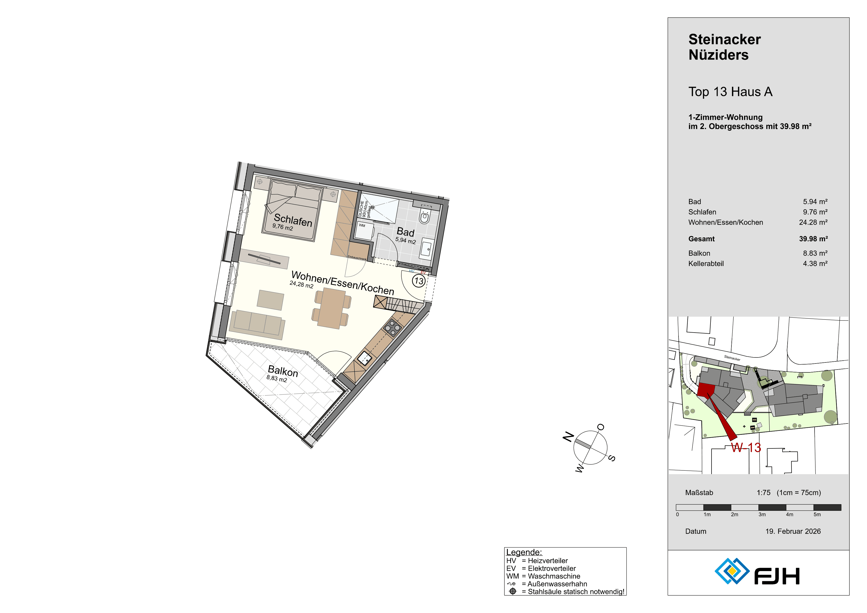 Floor plan of 1-bedroom apartment with living, dining, kitchen area, bedroom, bathroom, and balcony.