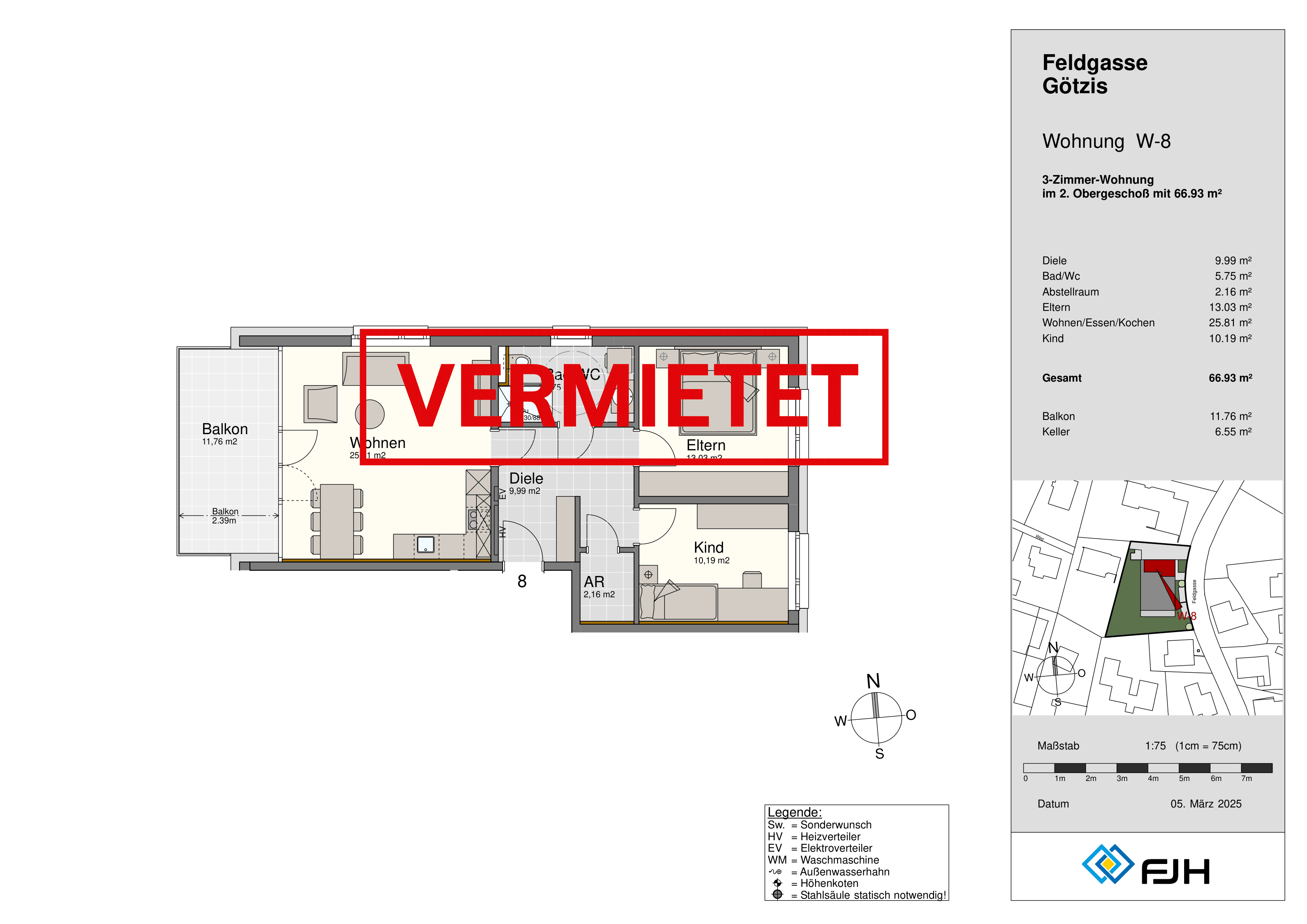 Floor plan of rented 3-room apartment W-8 with balcony, rooms labeled, and an overview map.