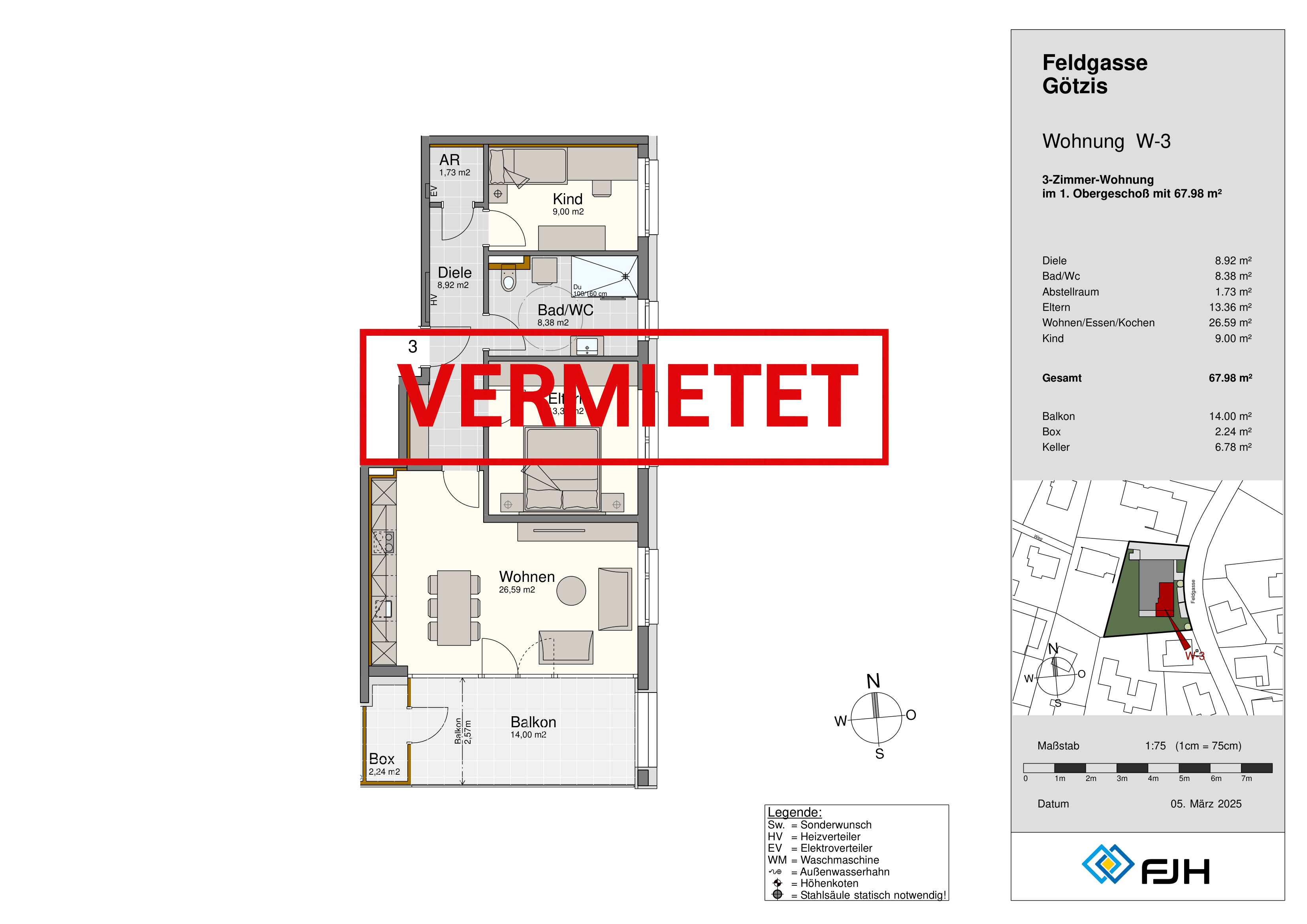 Floor plan of rented three-room apartment W-3 with rooms labeled and balcony, box, and cellar areas noted.