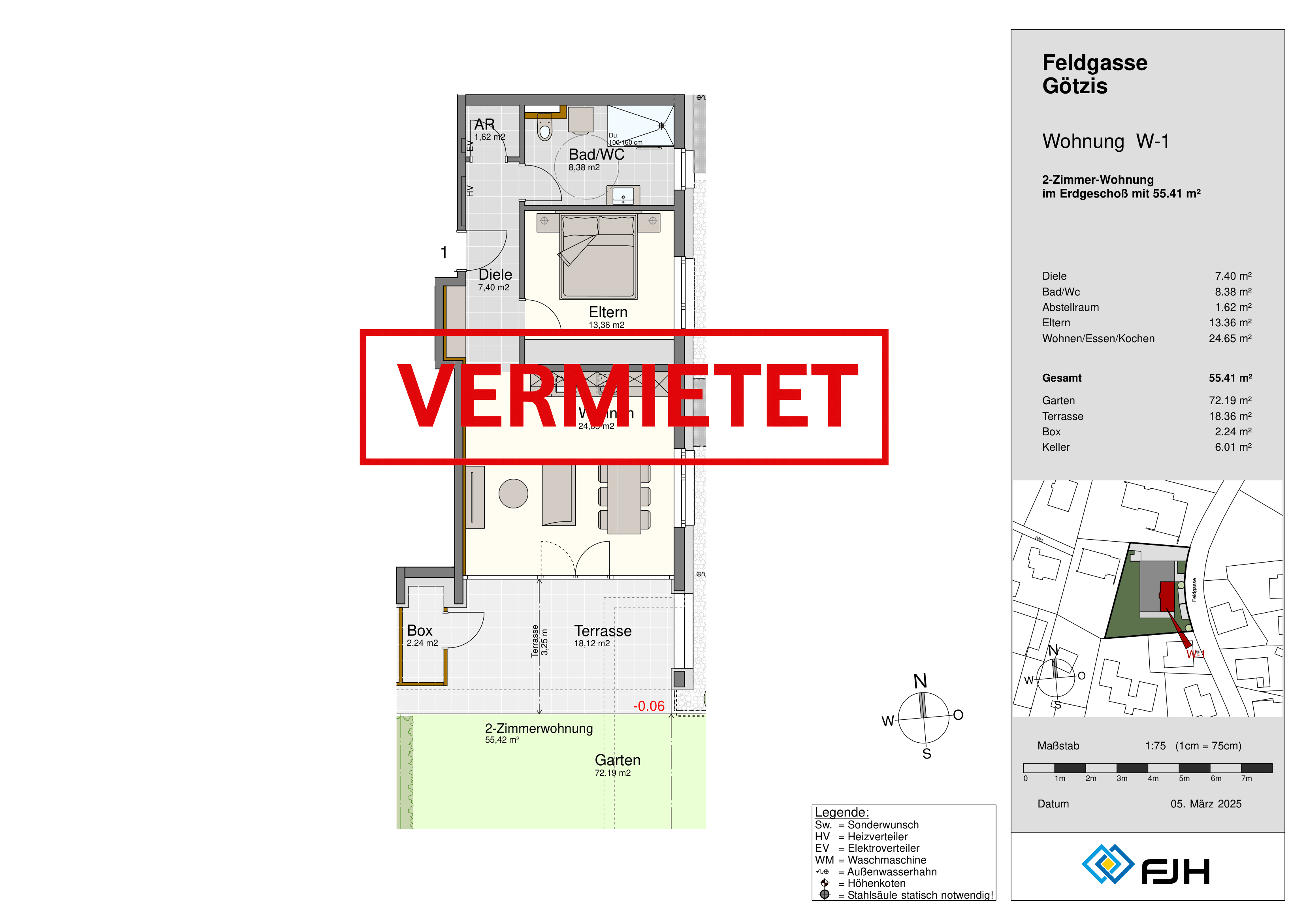 Floor plan of rented 2-room apartment with terrace, garden, bedroom, bathroom, and living area in Feldgasse Götzis.
