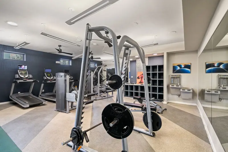 State-of-the-art fitness center with a variety of cardio machines, strength training equipment, and free weights at Altitude in Houston, TX.