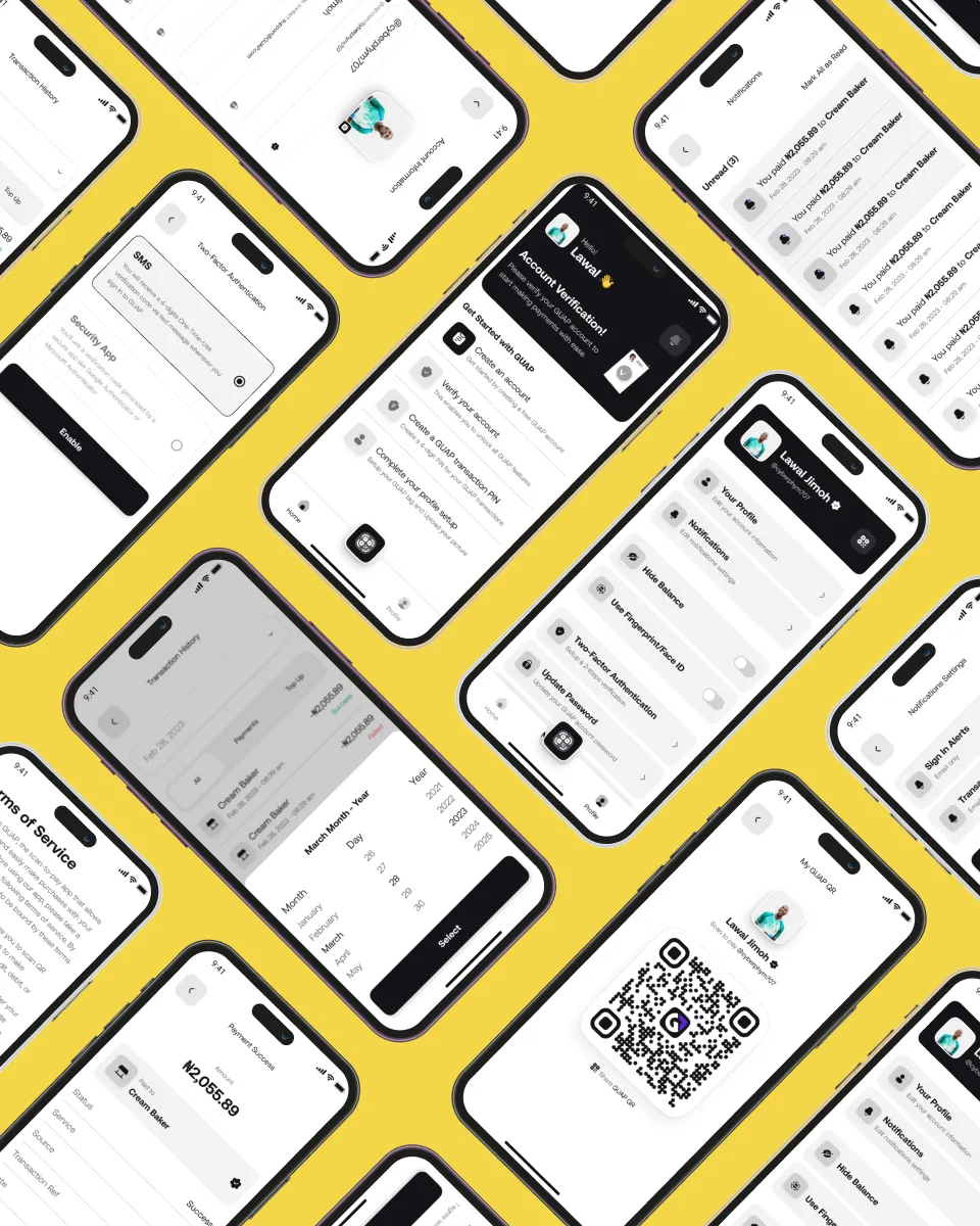 A flat lay of multiple smartphones displaying app interfaces on a yellow background. The screens show various app features and a QR code on one of the phones.