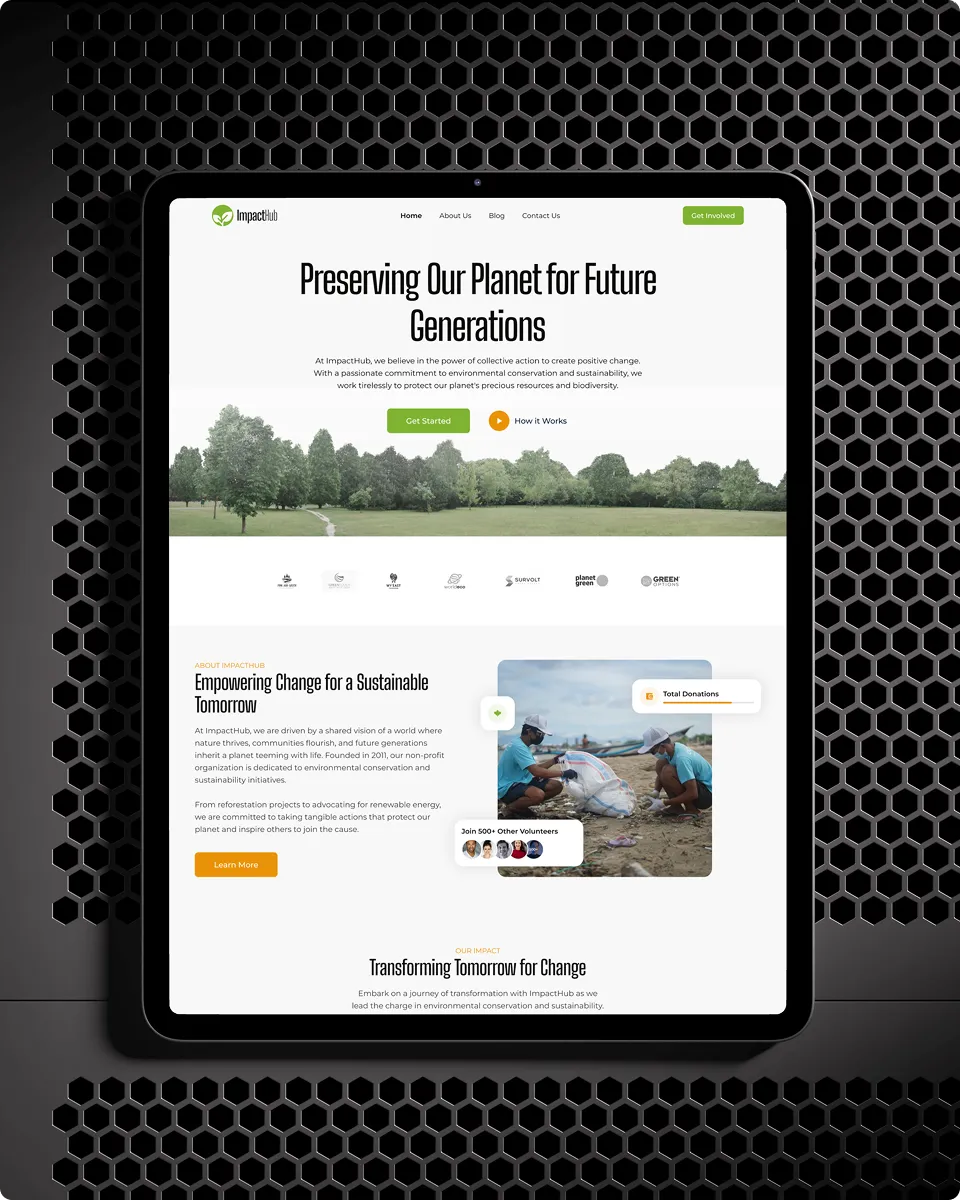 A tablet displaying a website titled "Preserving Our Planet for Future Generations," featuring sections on sustainability and empowerment, with images of people involved in environmental projects.