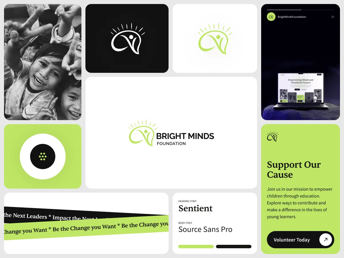 A collage featuring the Bright Minds Foundation logo and promotional materials. Images include smiling children, text encouraging support, and calls to action about making a difference in education.