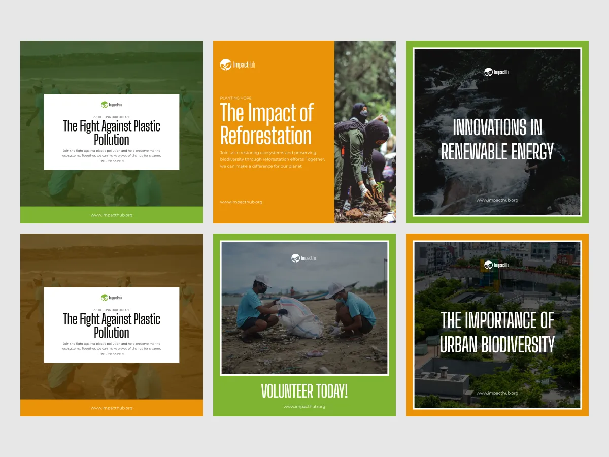 A grid of six promotional graphics focused on environmental issues. Topics include plastic pollution, reforestation, renewable energy, and urban biodiversity, with a call to action for volunteering.