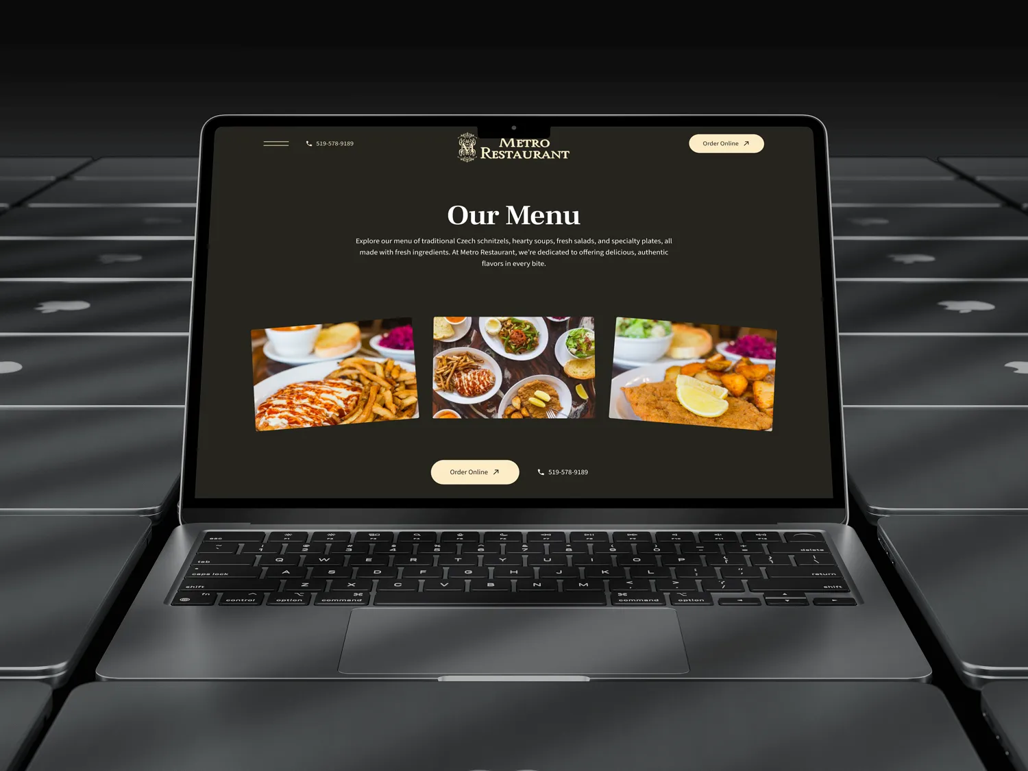 A laptop displaying a restaurant menu on a dark background. The menu features images of various dishes, including appetizers and desserts, with a header that says "Our Menu."
