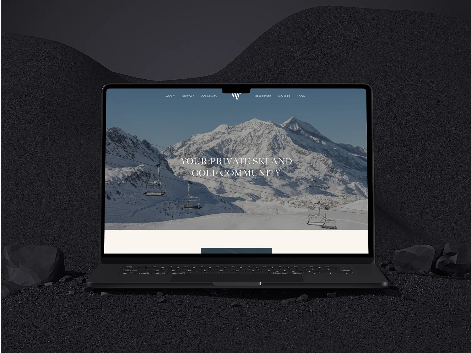 A laptop displaying a website about a private ski and golf community, featuring a background image of snow-covered mountains and ski lifts.
