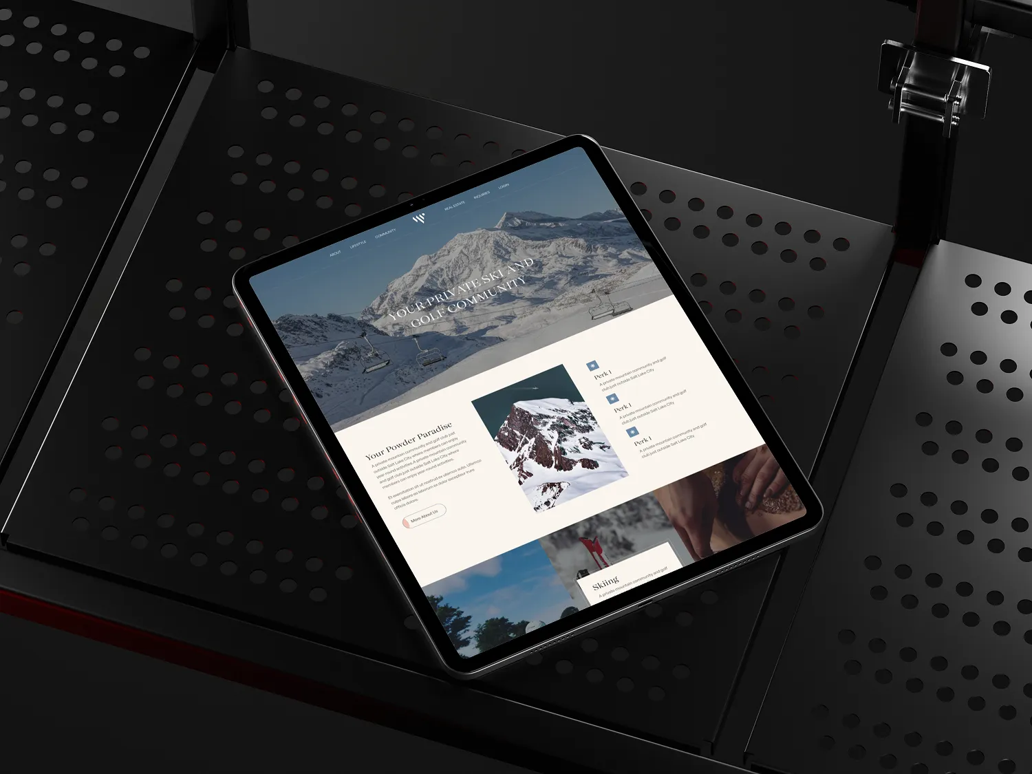 A tablet displaying a website about a ski area, featuring a background image of snow-covered mountains and ski lifts.