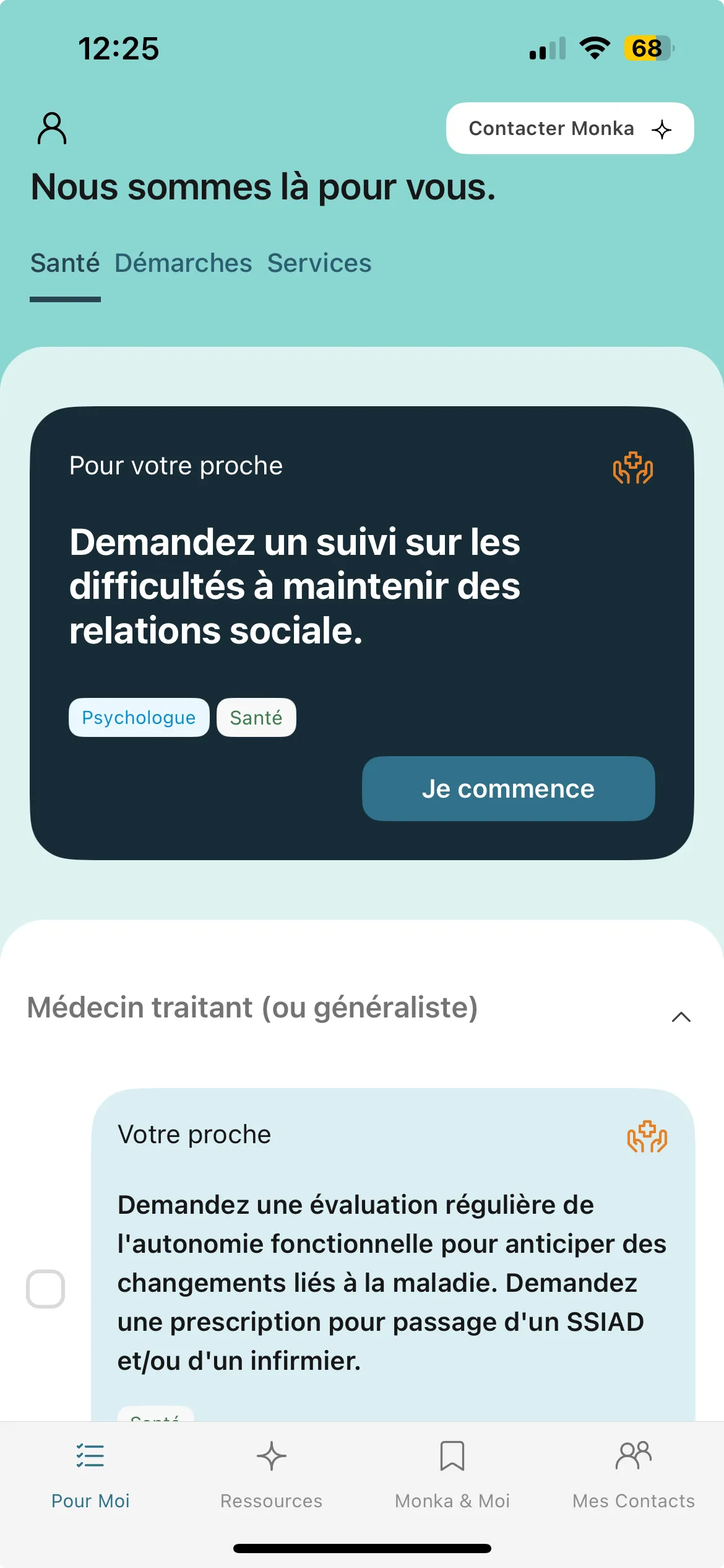 Découvrez comment Monka accompagne les aidants familiaux avec des services de suivi psychologique et des évaluations médicales pour anticiper les pertes d'autonomie. Interface intuitive et accessible depuis votre mobile.
