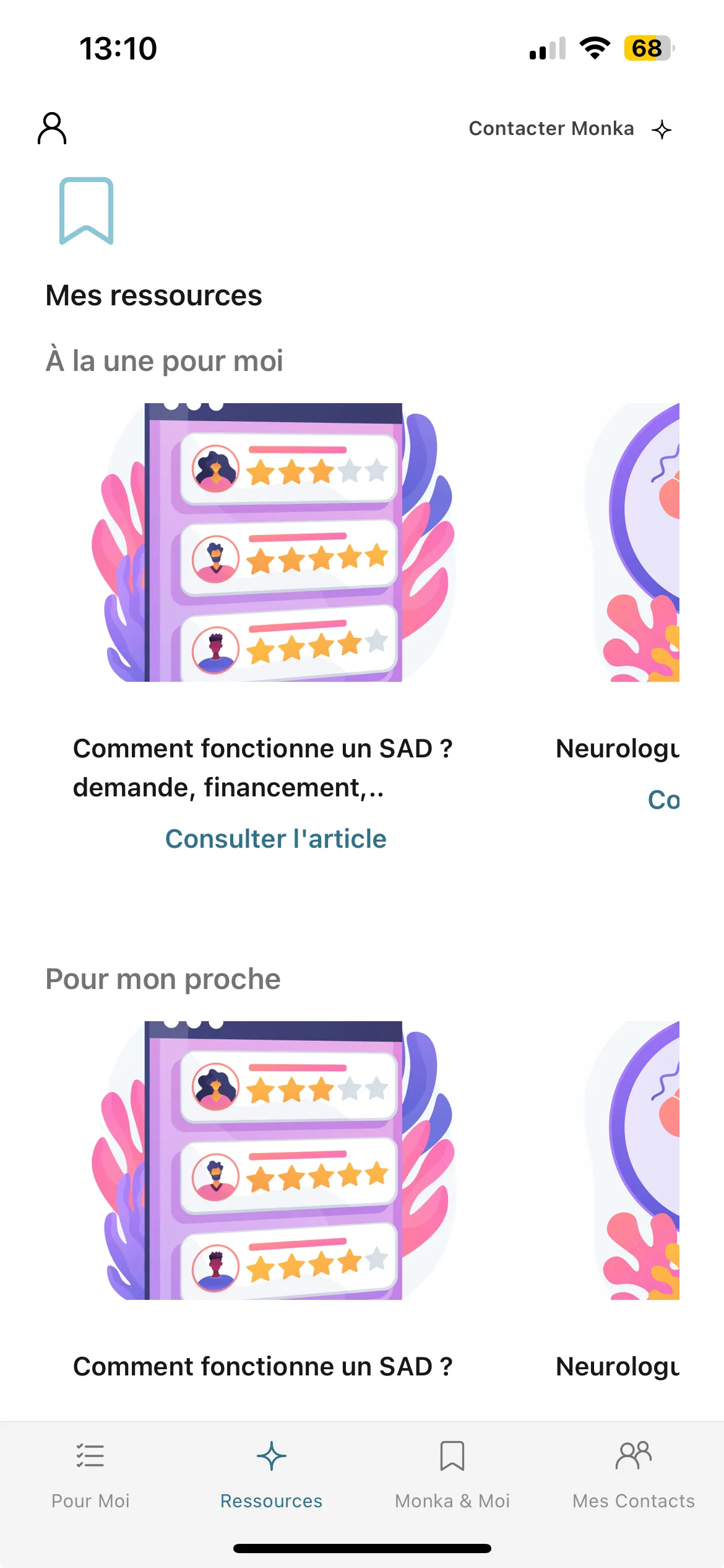 Capture d’écran de la section "Mes ressources" sur Monka, proposant des articles personnalisés pour mieux comprendre les services d’aide à domicile (SAD), leur financement et les démarches à suivre.