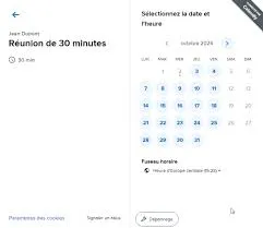 Interface de planification Calendly affichant un calendrier d'octobre 2024 avec l'option de sélectionner la date et l'heure pour une réunion de 30 minutes.