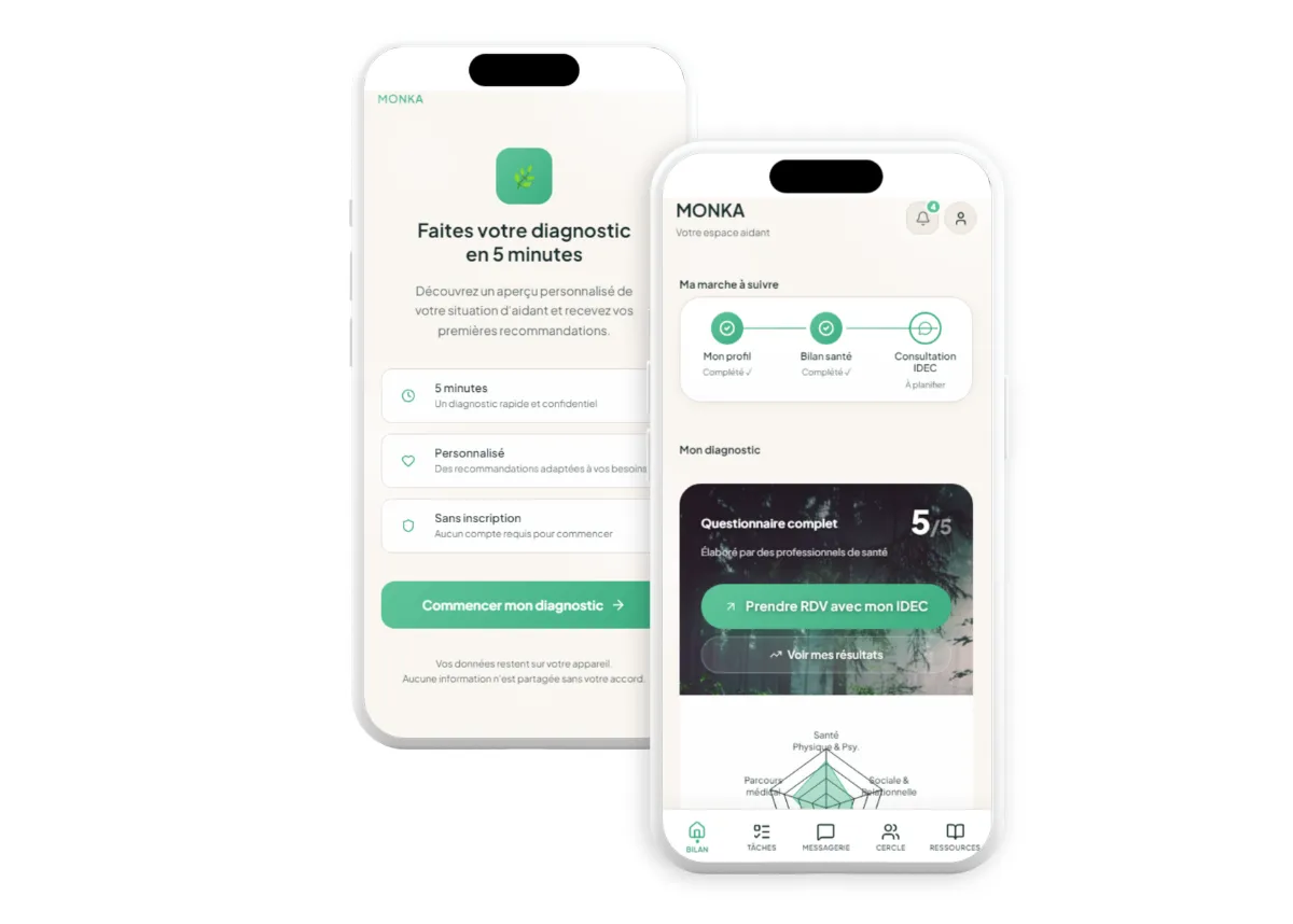 Deux écrans de smartphone affichant une application d'aide avec des sections pour contacter la caisse de retraite et la plateforme de répit locale.