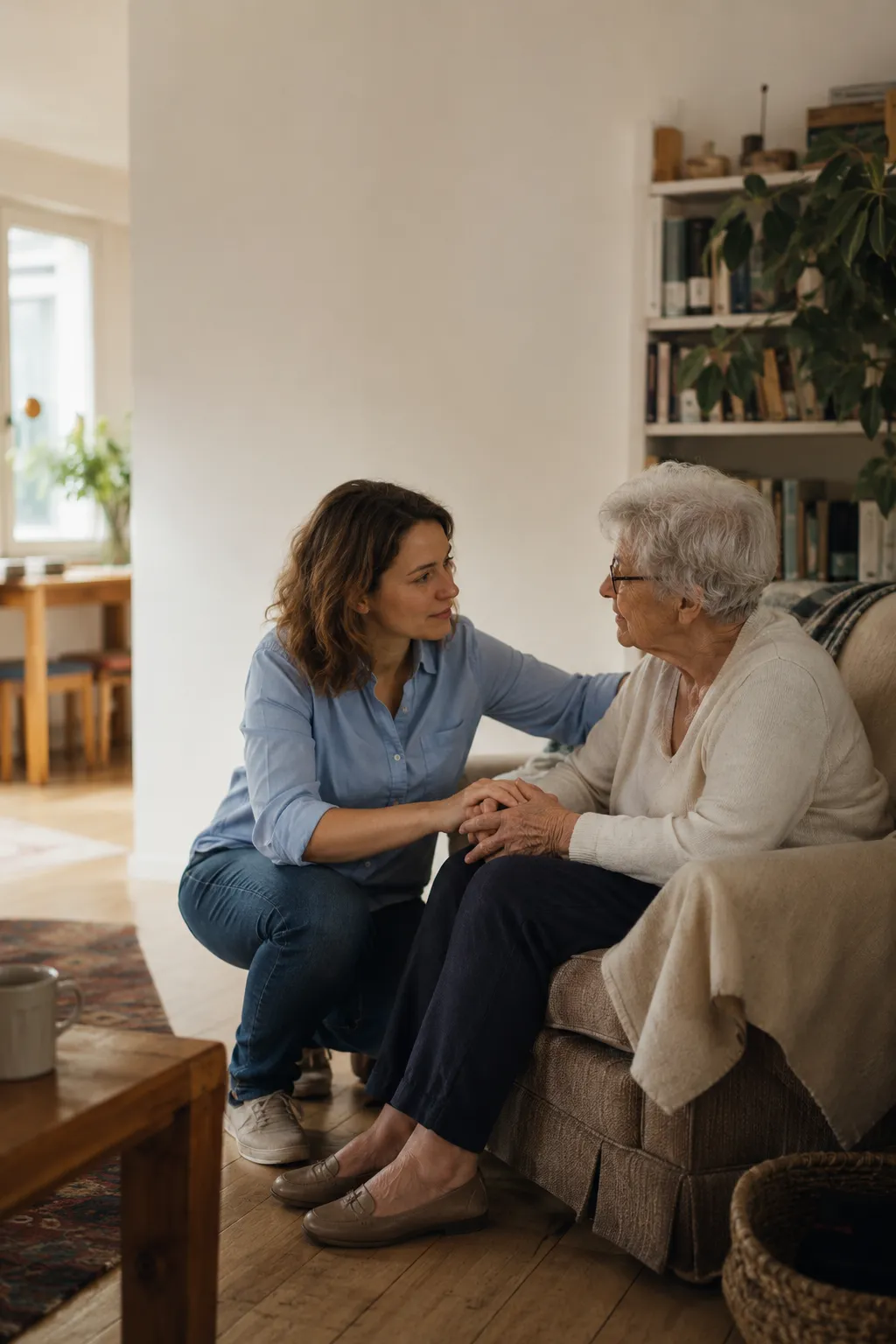 Jeune femme parlant et tenant les mains d'une personne âgée assise sur un canapé à la maison.