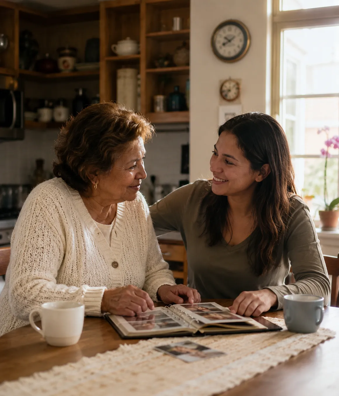 Une femme plus jeune et une femme âgée sourient en regardant un album photo à la table de la cuisine.