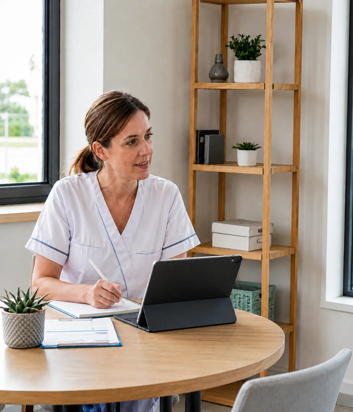 Professionnelle de santé en uniforme blanc note sur un carnet en face d'une tablette sur une table bois.