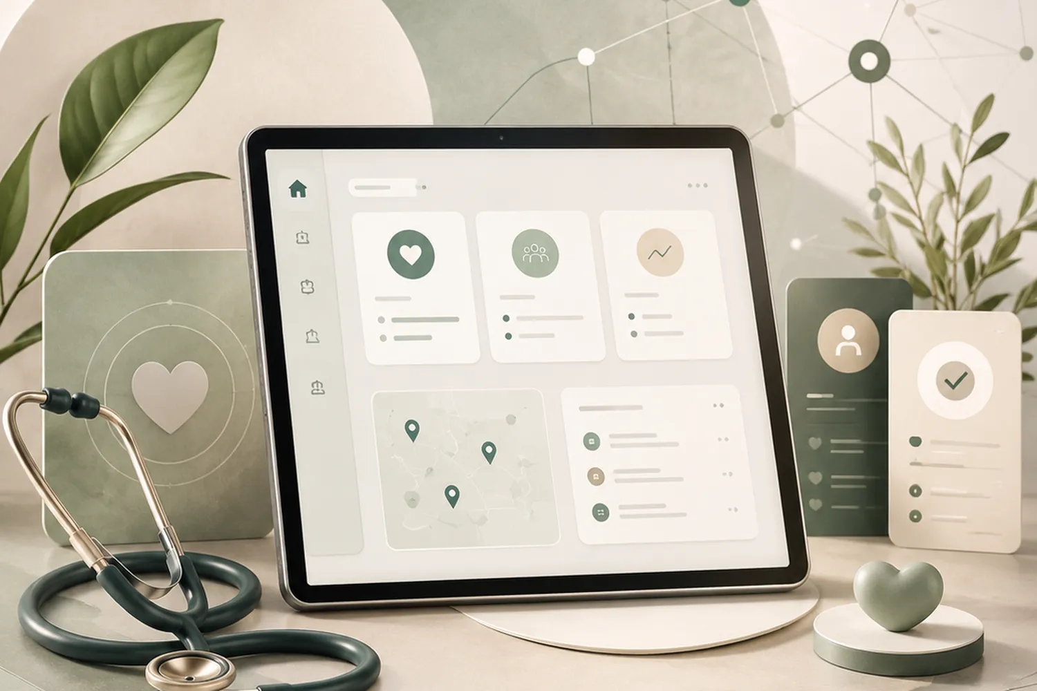 Tablette affichant une interface médicale, stéthoscope et objets décoratifs en forme de cœur verts.