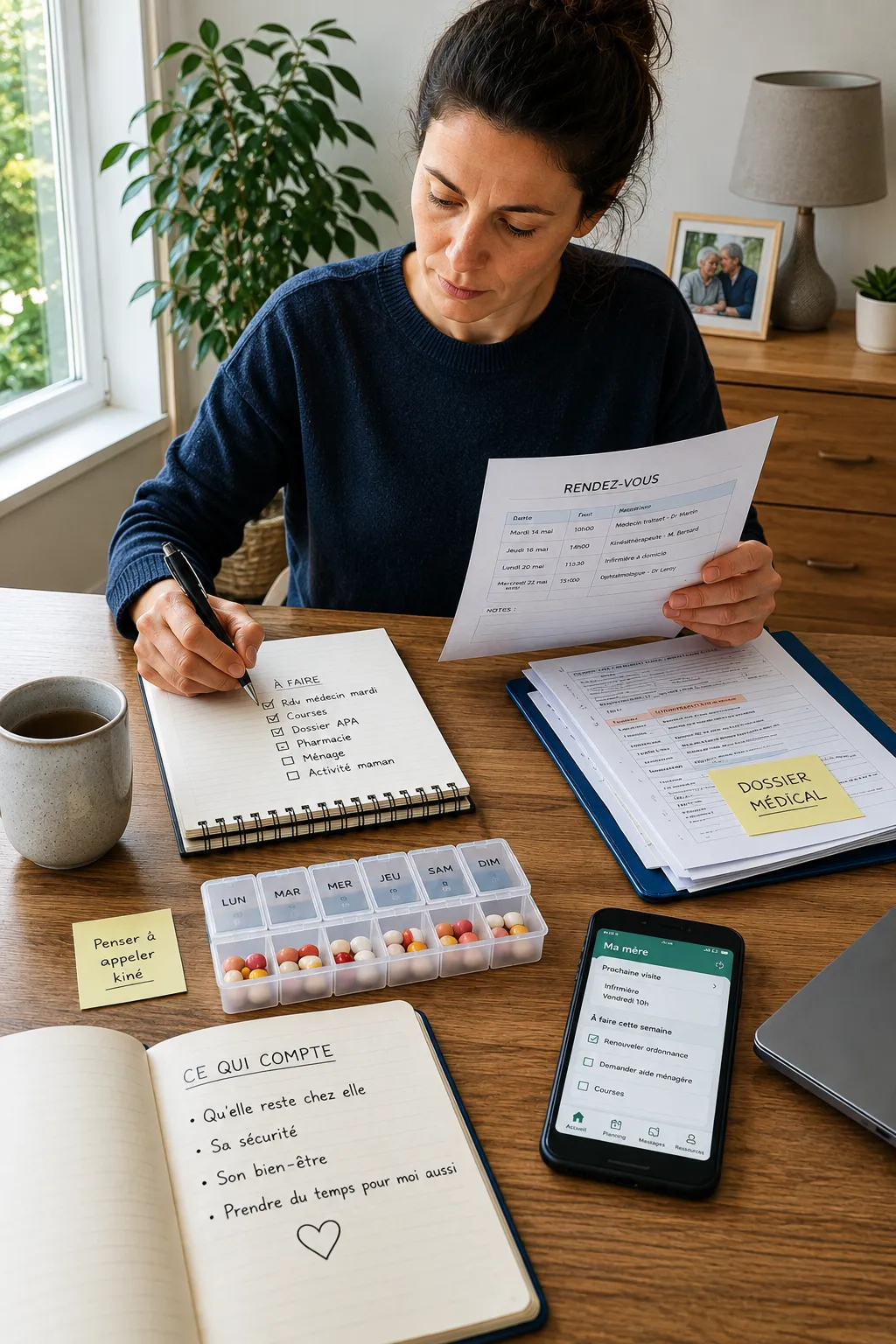 Femme planifiant soins médicaux avec liste, pilulier, téléphone affichant tâches pour sa mère.