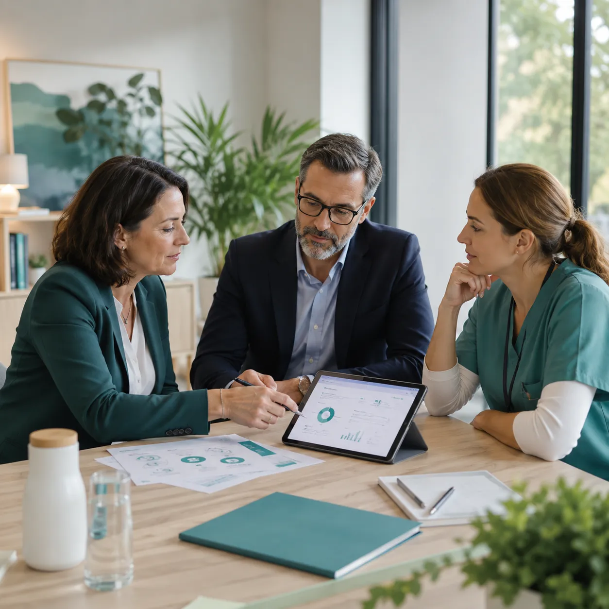 Trois professionnels discutent de graphiques financiers sur une tablette dans un bureau moderne.
