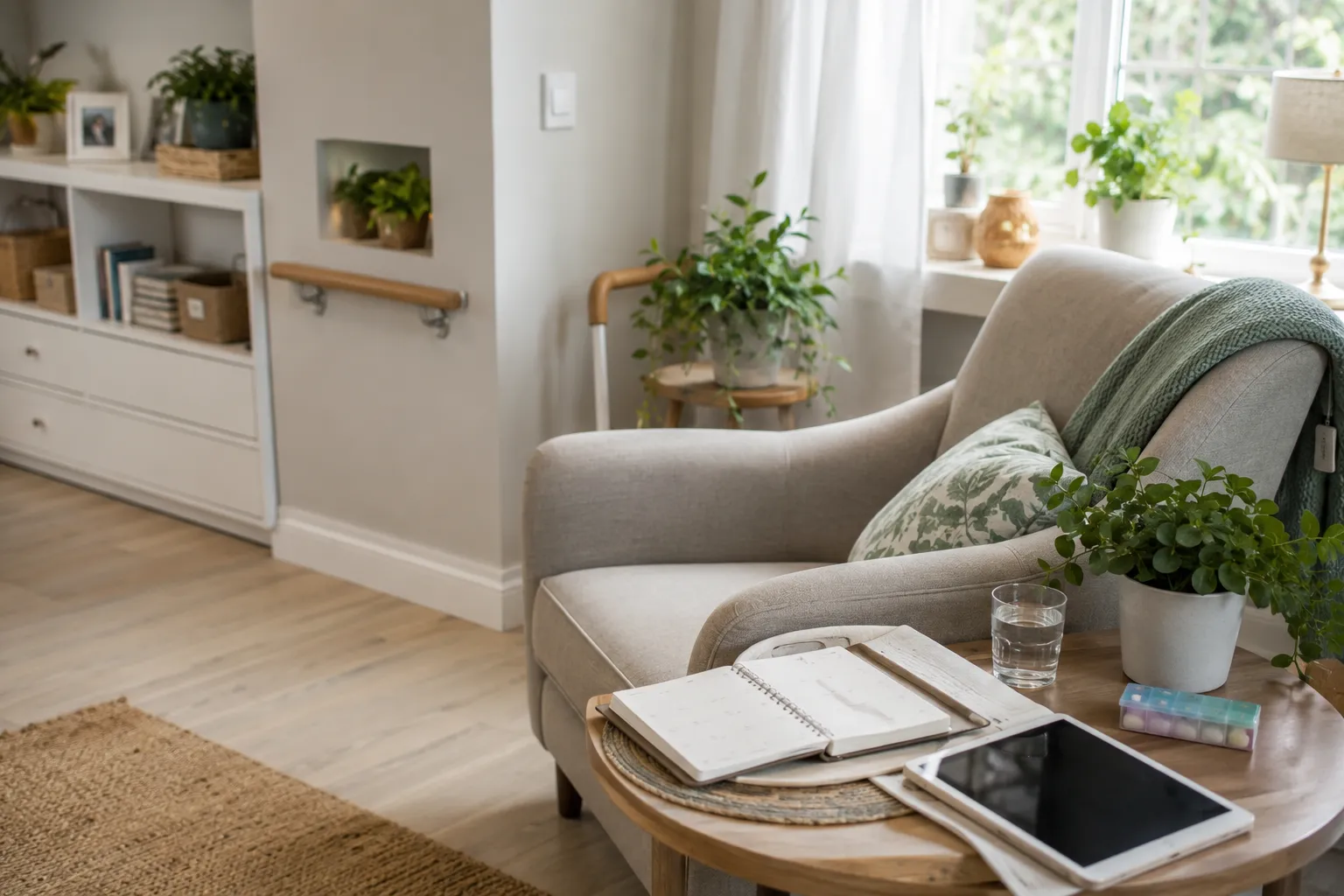 Salon lumineux avec fauteuil beige, coussin, plaide, table ronde avec agenda, tablette, verre d'eau et plantes.