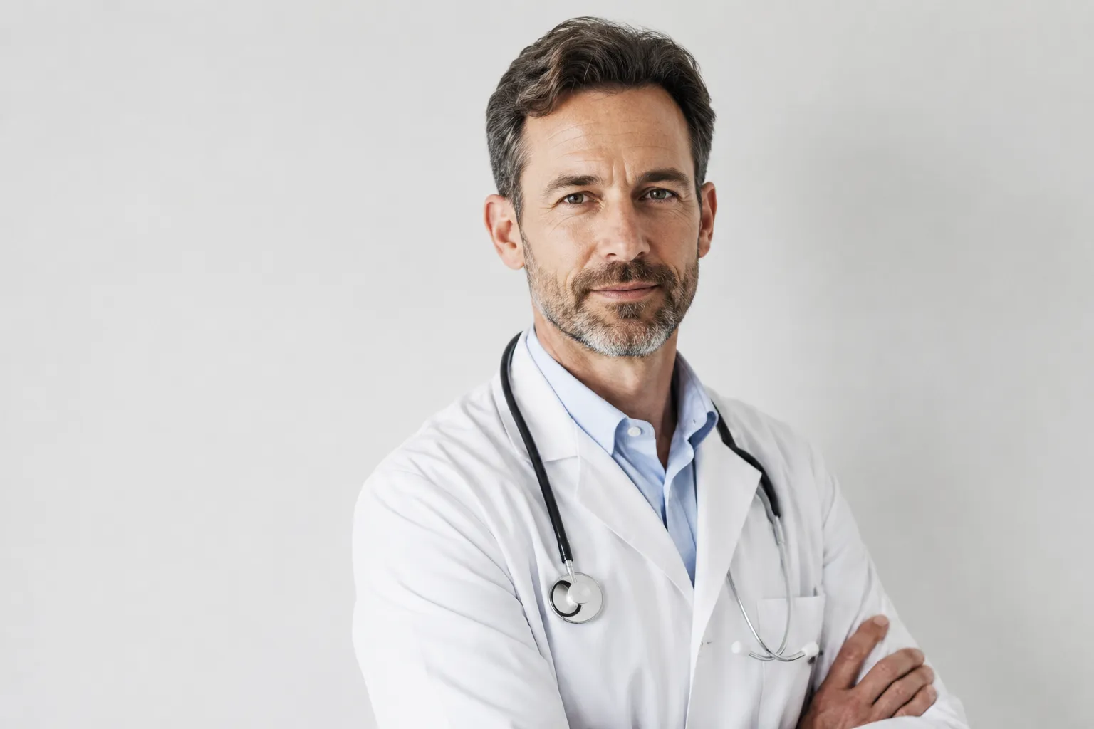 Médecin homme en blouse blanche avec stéthoscope, bras croisés, regard confiant, fond gris clair.
