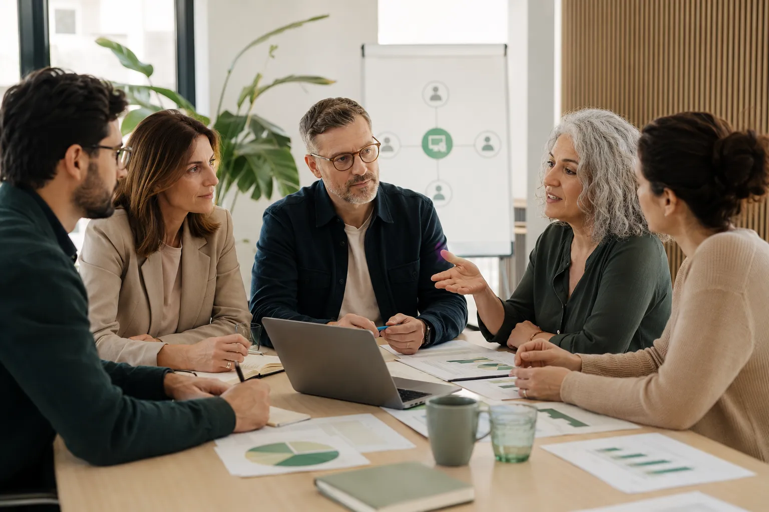 Cinq professionnels discutent autour d'une table avec un ordinateur portable et des graphiques financiers.