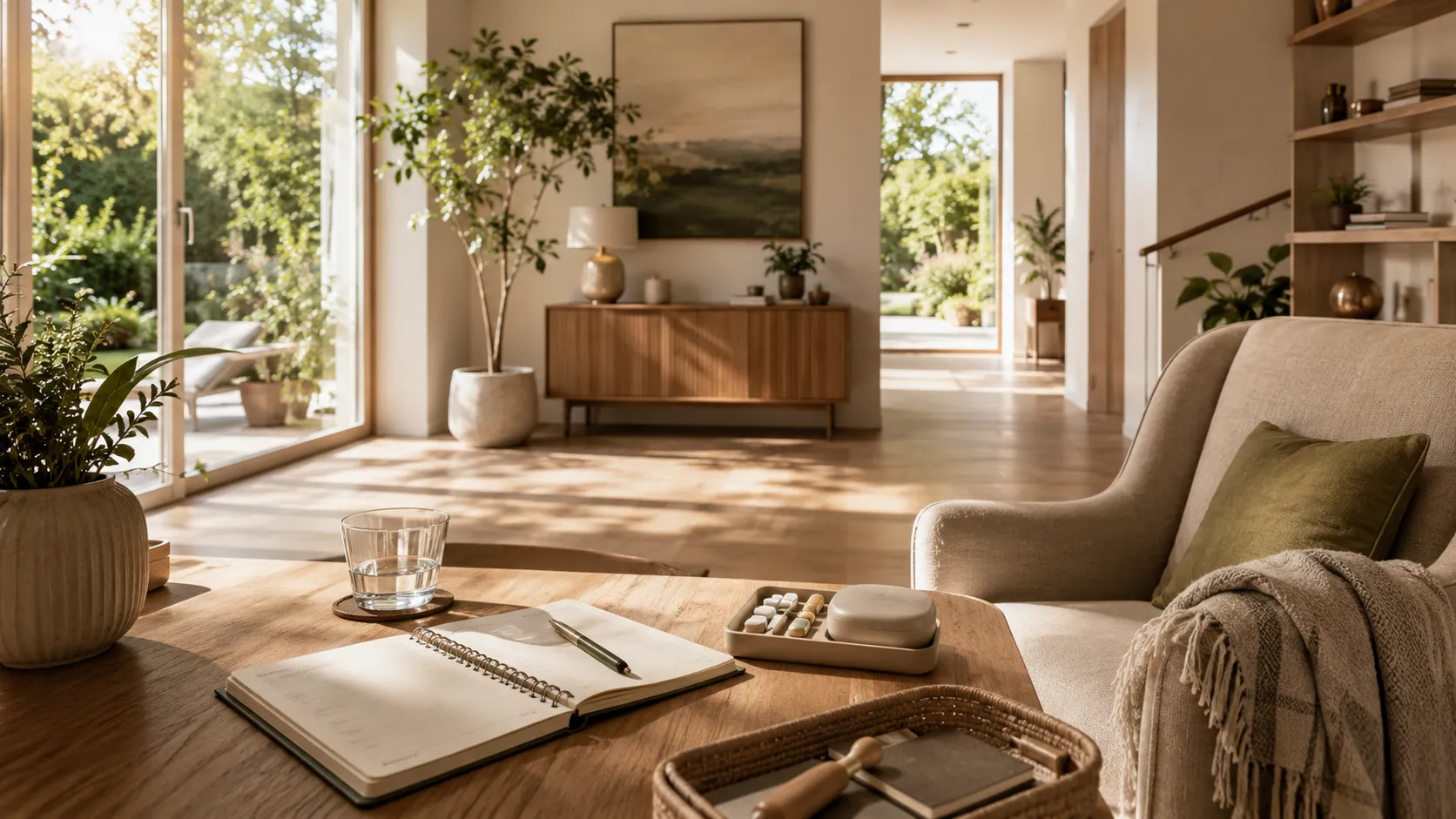 Salon lumineux avec canapé beige, table en bois avec carnet, verre d'eau, plantes et grande fenêtre vers jardin.